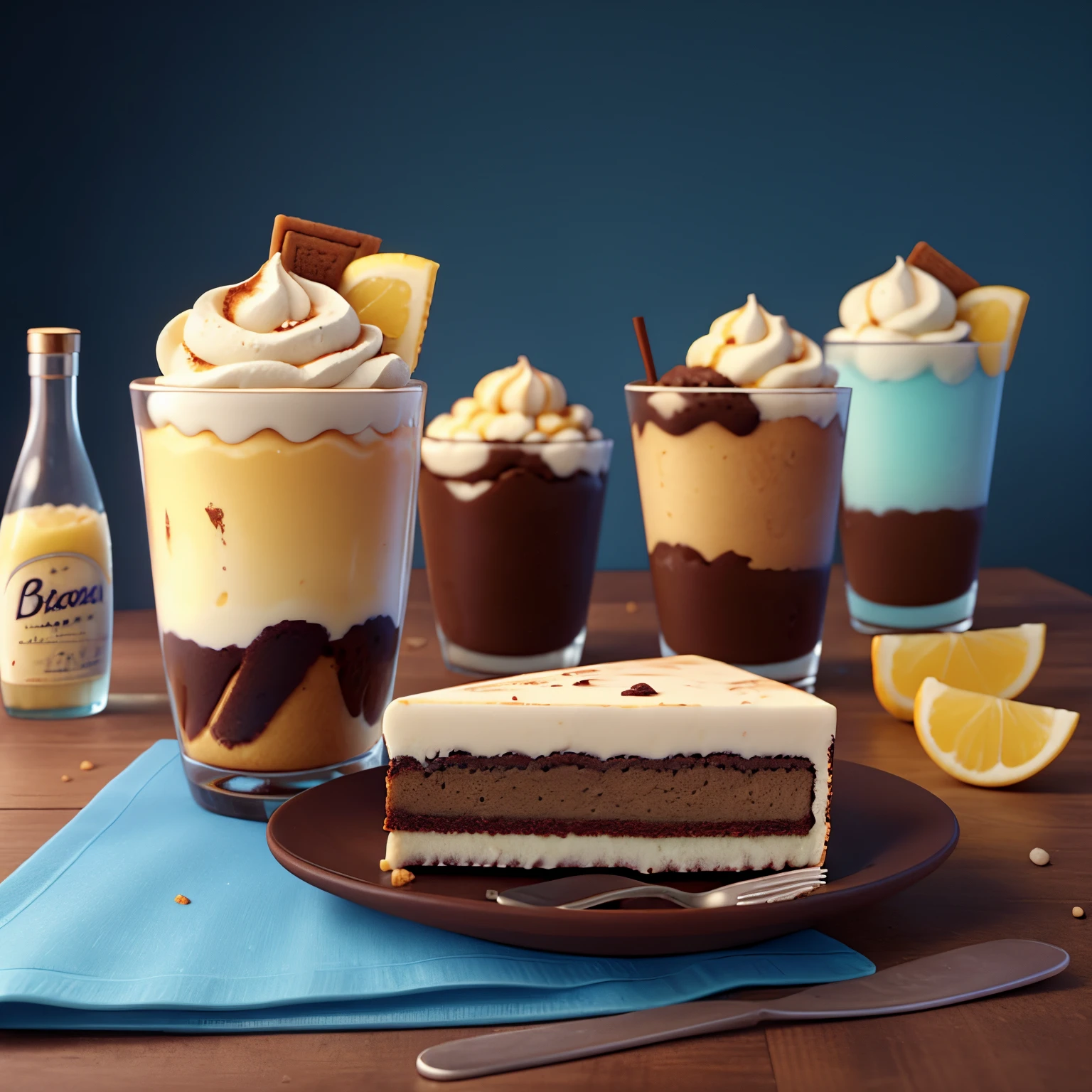 A slice of cake, and tiramisu ice cream, and blue bourbon in a cocktail glass,