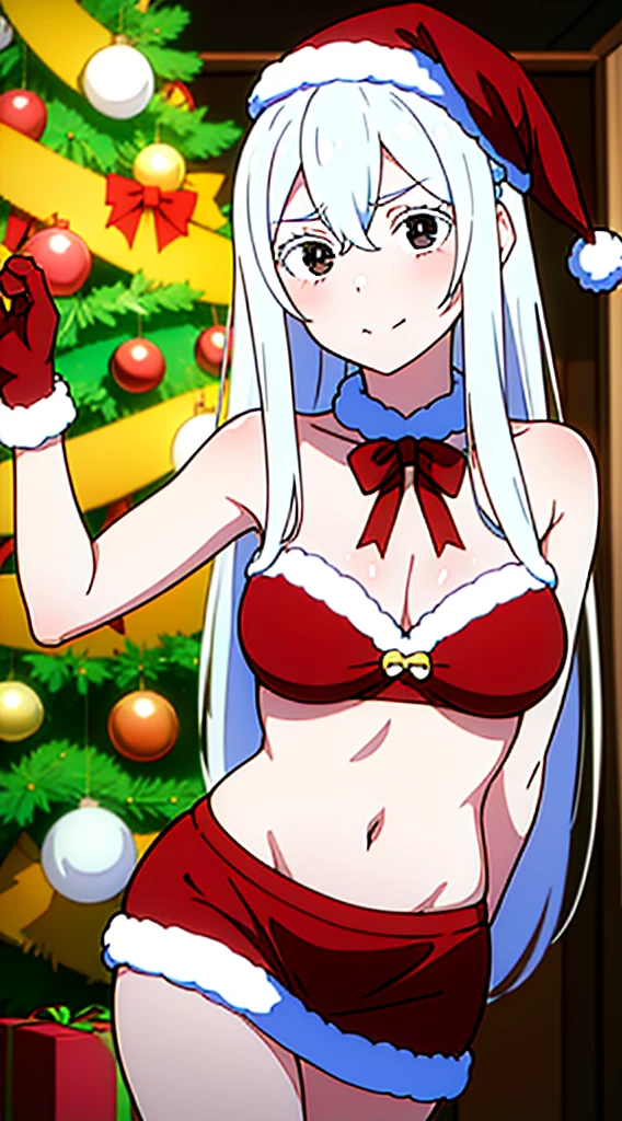 masterpiece, best quality, 1 solo girl, white hair, black eyes, long hair, wavy hair, Christmas ornaments, medium breasts, mature body and face, red christmas dress, christmas, christmas light, christmas tree, red gloves, red santa skirt, holding gift, red bra, red panty, leg up, cowboy shots, sexy pose, dakimakura, detailed body, face, and eyes, sharp focus, vibrant, creative, dynamic, high definition, high resolution, 8k, (Upscale: R-ESRGAN 4x+ Anime6B), (Image enchance:4x), voluptuous body