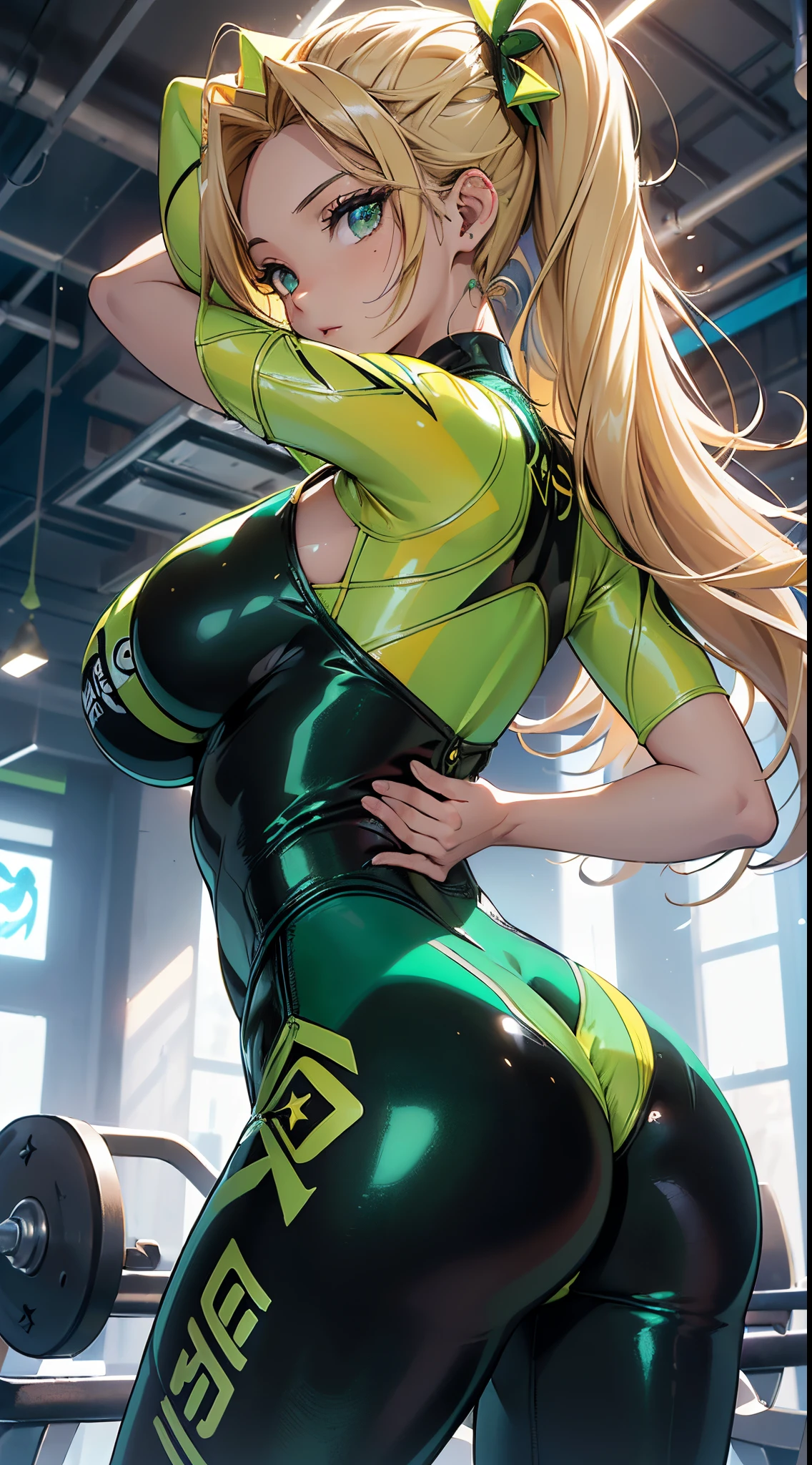 rear view, backside view,mejor calidad，tmasterpiece，ultimate resolution，Suave，extremadamente colorido，De color，Princesa sirena，(verde limón latex bodysuit:1.4)，Medias de tirantes negras，Starrysky Android!,More detailed 8K.motor irreal:1.4,UHD,La mejor calidad:1.4, fotorrealista:1.4, textura de la piel:1.4, obra maestra:1.8,obra-prima, mejor calidad,objeto Objeto], (detailed face features:1.3),(dentro de un gimnasio azul:1.4),(cabello amarillo largo:1.4),（Beautiful and detailed eye description）,(manos detailed:1.4), (white ropa deportiva:1.4), Ultra-detallado,ojos detailed,