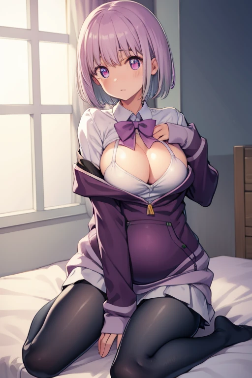 akaneshinjou, shinjou akane, Light purple hair, (Pink eyes:1.2), Short hair,
BREAK black pantyhose, Bow, Collared shirt, hoods, hooded jacket, Jacket, Open your clothes, Open jacket, Open Shirt, pantyhose, Purple bow, Purple jacket, School uniform, Shirt, sleeves past wrists, Unbuttoned shirt, White shirt,,
Break indoors, city,
BREAK looking at viewer, BREAK (masutepiece:1.2), Best Quality, High resolution, Unity 8k壁纸, (Illustration:0.8), (Beautiful detailed eyes:1.6), extra detailed face, Perfect Lighting, extremely details CG, (Perfect hands, Perfect Anatomy),Pregnancy,cleavage,Put your hands on your chest,Open legs,red blush,Sweaty,Wet,white  panties,White bra