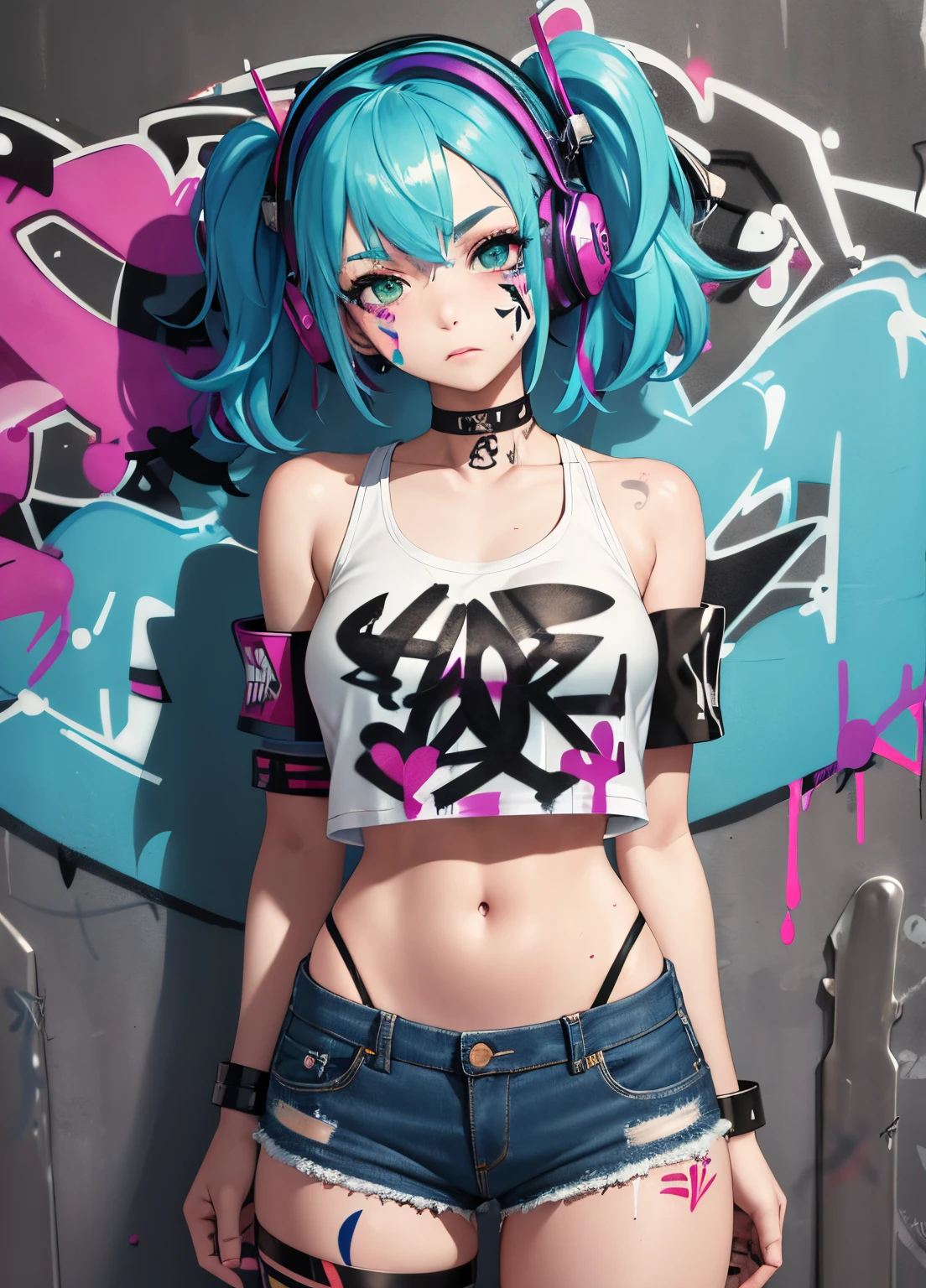 masterpiece, best quality, 1girl, solo, crop top, denim shorts, choker, (graffiti:1.5), paint splatter, arms behind back, against wall, looking at viewer, armband, thigh strap, paint on body, head tilt, bored, multicolored hair, aqua eyes, headset,