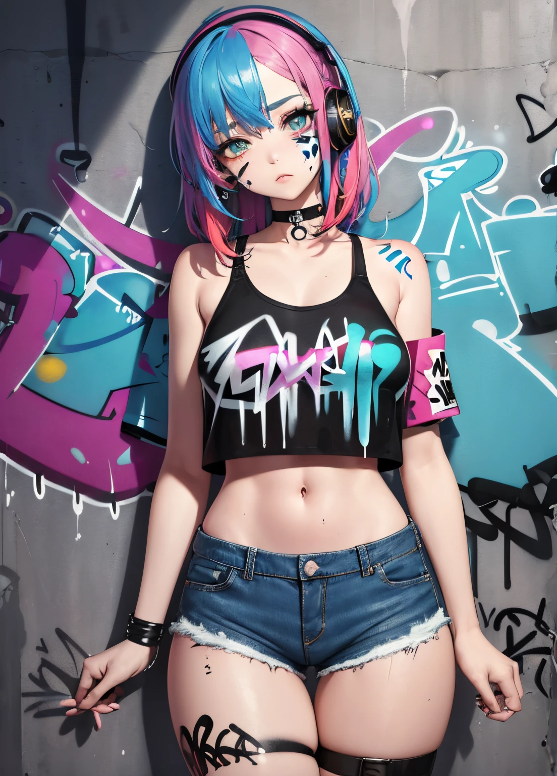 masterpiece, best quality, 1girl, solo, crop top, denim shorts, choker, (graffiti:1.5), paint splatter, arms behind back, against wall, looking at viewer, armband, thigh strap, paint on body, head tilt, bored, multicolored hair, aqua eyes, headset,