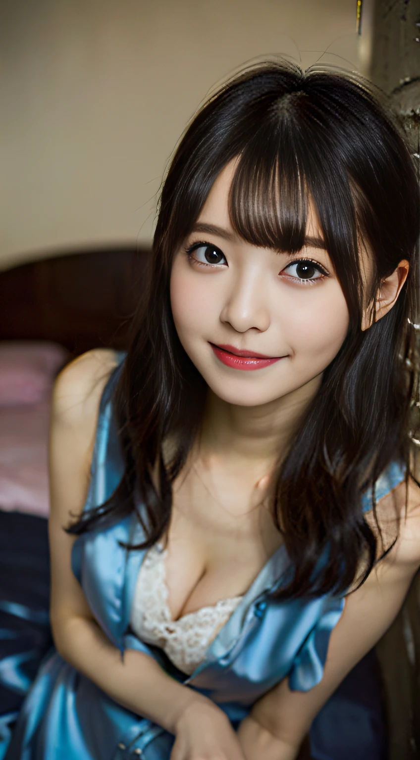 (8K、Raw photography、top-quality、masterpiece:1.2)、(realisitic、Photorealsitic:1.37)、ultra-detailliert、超A high resolution、1人、see the beholder、beautifull detailed face、A smile、Constriction、(Slim waist) :1.3)、Beautiful detailed skin、Skin Texture、Floating hair、shorth hair、Professional Lighting、Whole human body、Wearing a silk slip nightdress、cleavage of the breast、childs room、a bed、Suppin、E-cup、Happy smile、21years old、Angle from diagonally above
