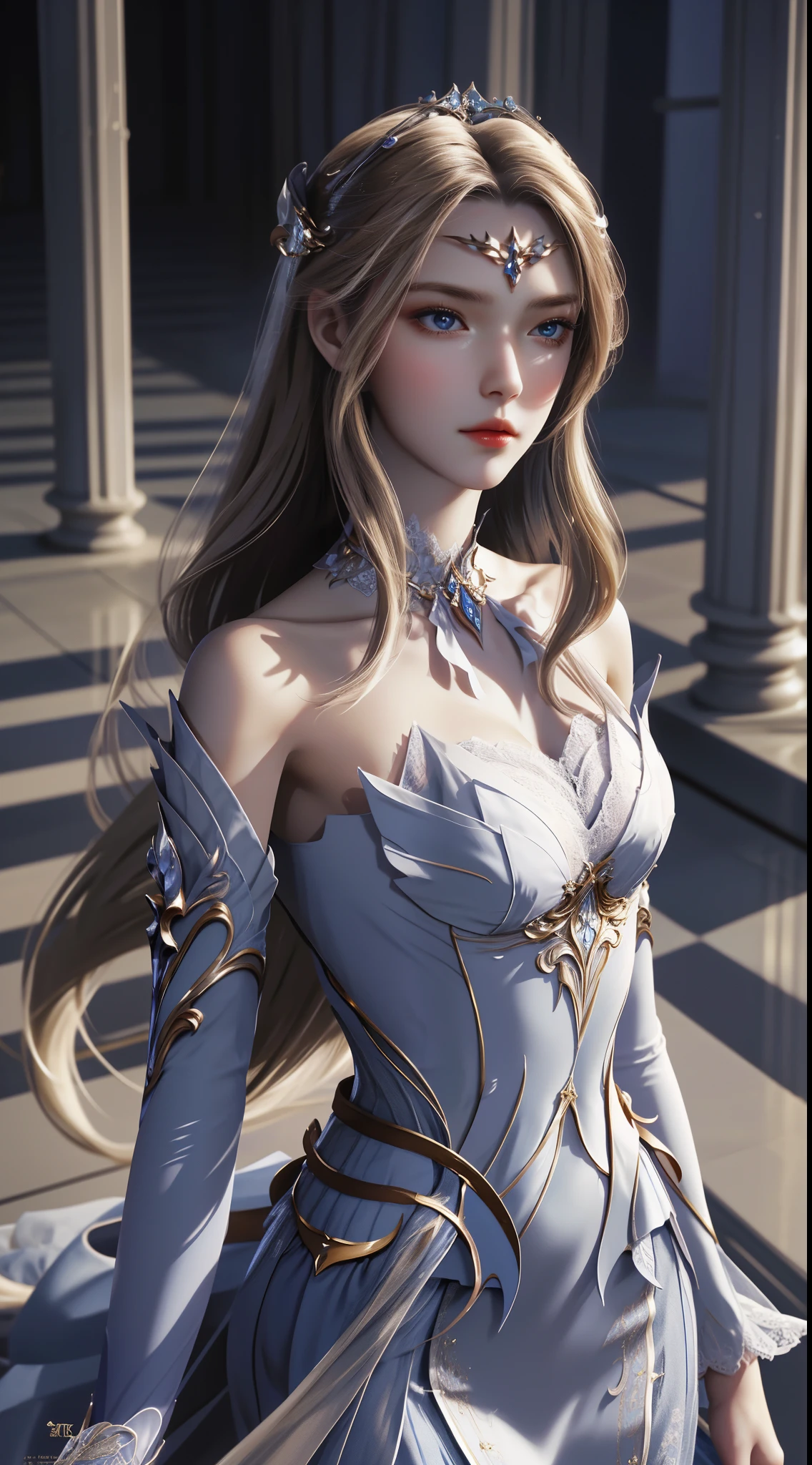 tmasterpiece,Best Picture Quality,HD 8K wallpaper,Nice photos,elegant single woman,round skirt,shinning eyes,Every detail is perfect,A masterpiece of exquisite beauty,pure beauty and lightness,Moderate aesthetics,Gentle and elegant,The attention to detail,Blue and white lace round princess dress,undying