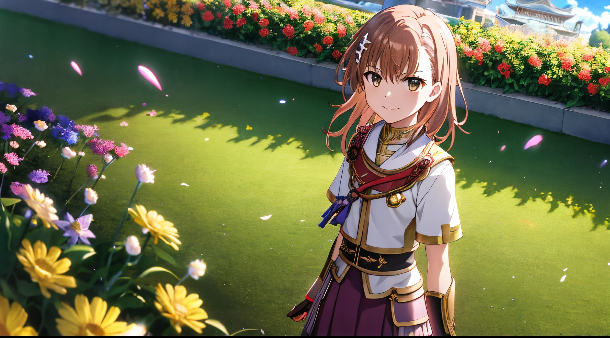 Misaka mikoto, 1girl, teen girl, kawaii, solo, chestnut hair, hairpin,brown eyes, standing, looking at viewer,smile,golden armor chestplate pauldrons,praying beads on neck, long skirt,colorful flowers field athens temple in background,anime style,deep depth of field,wide angle view,Lumen Reflections,Screen Space Reflections,Diffraction Grading,Chromatic Aberration,GB Displacement,Scan Lines,Ray Traced,Anti-Aliasing,FXAA,TXAA,RTX,SSAO,Shaders,OpenGL-Shaders,GLSL-Shaders,Post Processing,Post-Production,cell Shading,Tone Mapping,CGI,VFX,SFX,insanely detailed and intricate, 4K