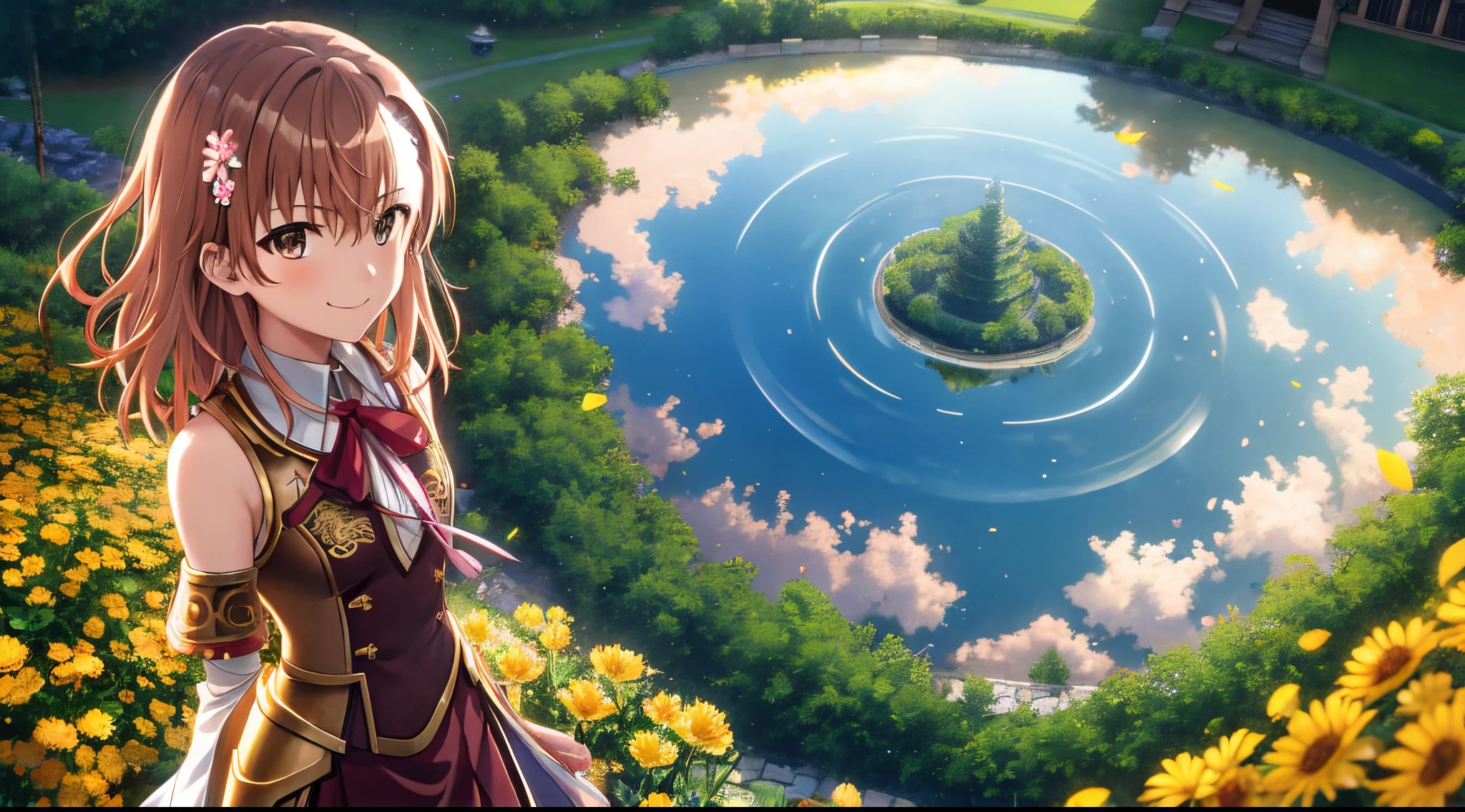 Misaka mikoto, 1girl, girl, kawaii, solo, chestnut hair, hairpin,brown eyes, standing, looking at viewer,smile,golden armor chestplate pauldrons,praying beads on neck, long skirt,colorful flowers field athens temple in background,anime style,deep depth of field,wide angle view,Lumen Reflections,Screen Space Reflections,Diffraction Grading,Chromatic Aberration,GB Displacement,Scan Lines,Ray Traced,Anti-Aliasing,FXAA,TXAA,RTX,SSAO,Shaders,OpenGL-Shaders,GLSL-Shaders,Post Processing,Post-Production,cell Shading,Tone Mapping,CGI,VFX,SFX,insanely detailed and intricate, 4K