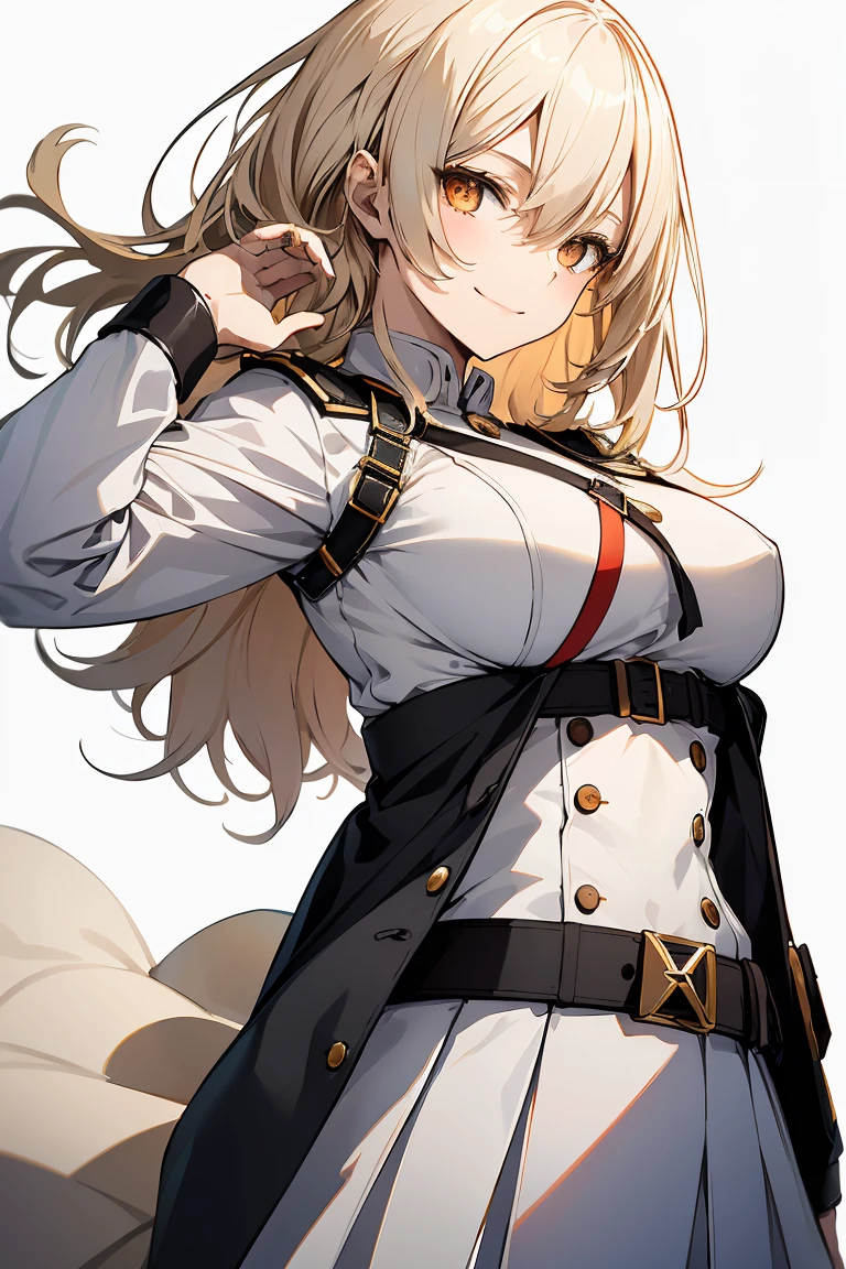 1 girl in, Full body, White one-piece military uniform, (masutepiece:1.2, Best Quality), (finely detailed beautiful eye: 1.2), (beautifull detailed face), High contrast, (Best Illumination, extremely delicate and beautiful), ((Cinematic Light)), Dramatic light, very orange eyes, flat chest, Belt at under the breast, White military uniform, White skirt, blonde  hair, Black tie,  (Pale white background:1.5), Wolf cut hair, medium length hair, Look at me and smile, Dynamic Pose,