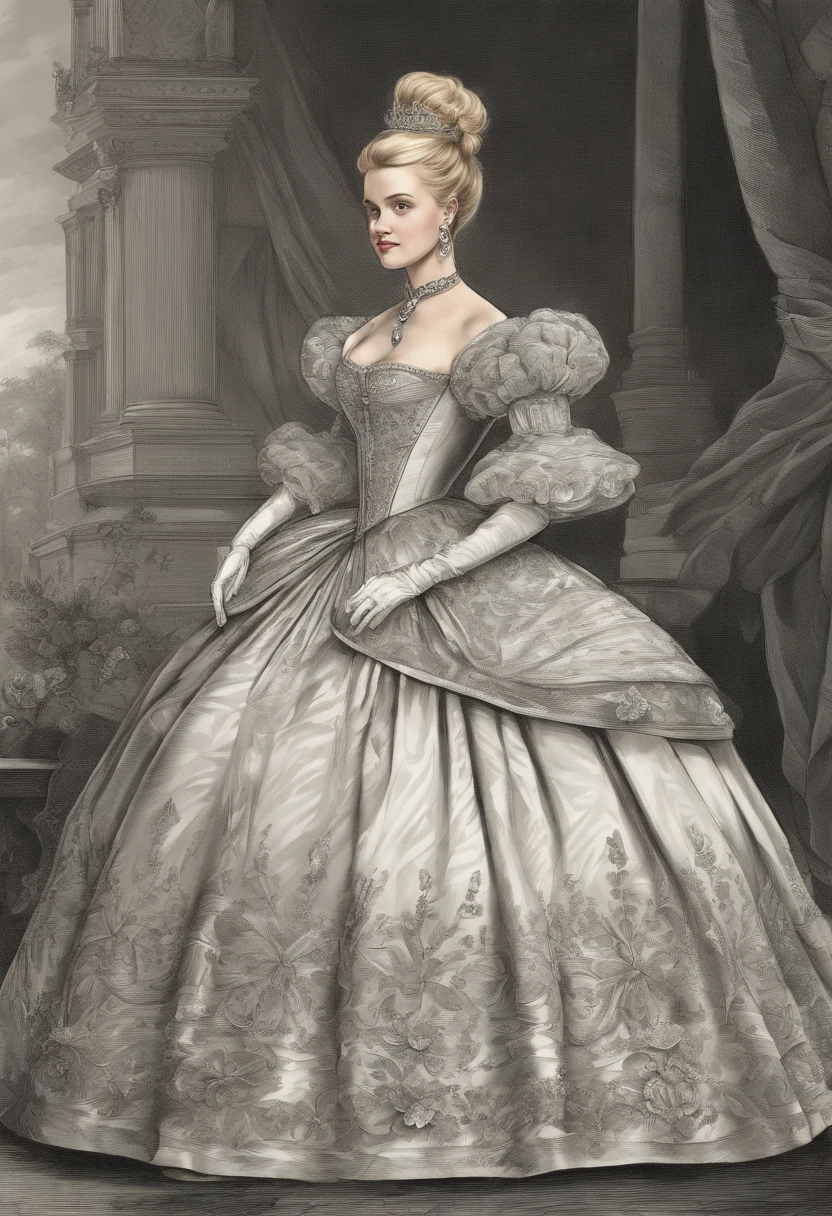 John Tenniel art, Formal and Official Coronation Portrait, Portrait of a stunningly beautiful young blonde Reese Witherspoon as a Queen wearing A Stately and Elaborate Royal Cinderella Court Gown with (((enormous puffed sleeves))), an hourglass waist, and a (((huge crinoline hoopskirt))) adorned with bows, embroidery, and jewels, long white gloves, pearl necklace and earrings