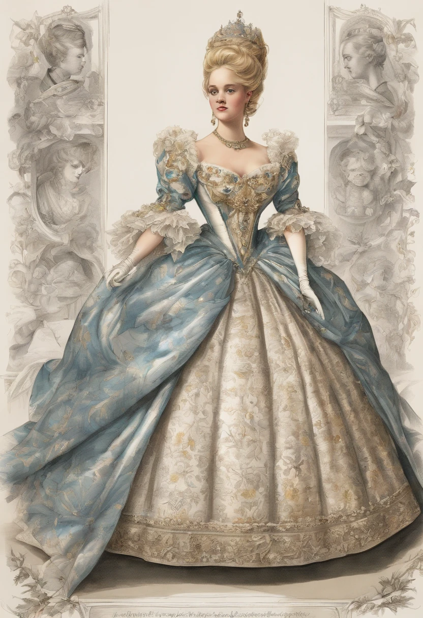 John Tenniel art, Formal and Official Coronation Portrait, Portrait of a stunningly beautiful young blonde Reese Witherspoon as a Queen wearing A Stately and Elaborate Royal Cinderella Court Gown with (((enormous puffed sleeves))), an hourglass waist, and a (((huge crinoline hoopskirt))) adorned with bows, embroidery, and jewels, long white gloves, pearl necklace and earrings