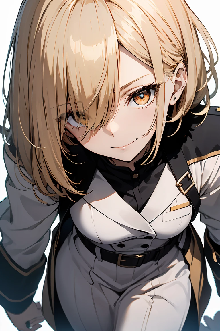 1 girl in, Full body, White one-piece military uniform, (masutepiece:1.2, Best Quality), (finely detailed beautiful eye: 1.2), (beautifull detailed face), High contrast, (Best Illumination, extremely delicate and beautiful), ((Cinematic Light)), Dramatic light, very orange eyes, flat chest, Belt at under the breast, White military uniform, White skirt, blonde  hair, Black tie,  (Pale white background:1.5), Wolf cut hair, medium length hair, Look at me and smile, Dynamic Pose,