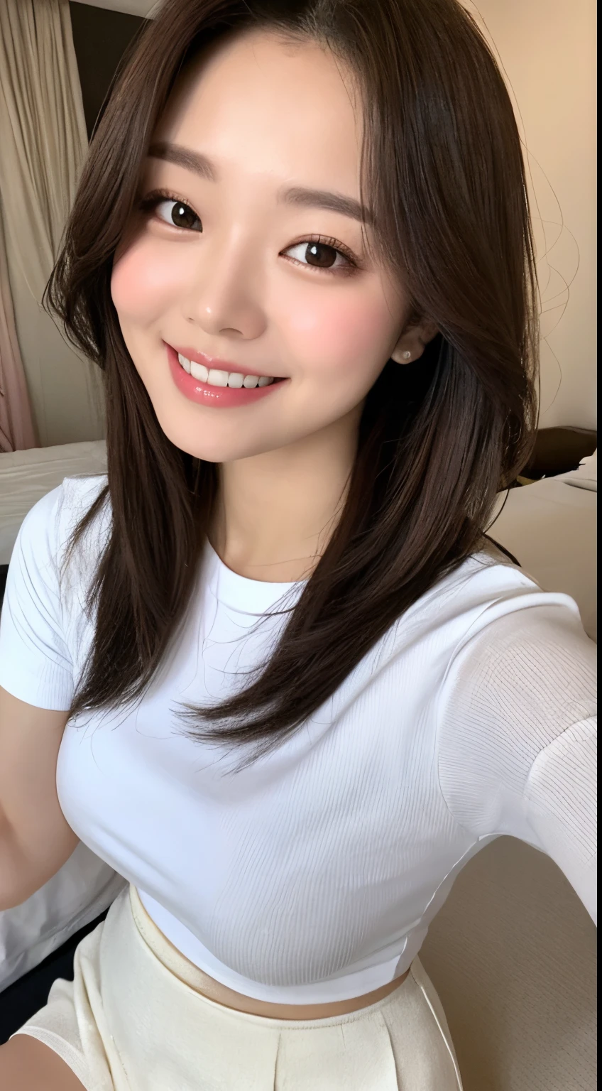 White tight shirt、White tight mini skirt、a bed、a smile、shortsleeves、high-level image quality