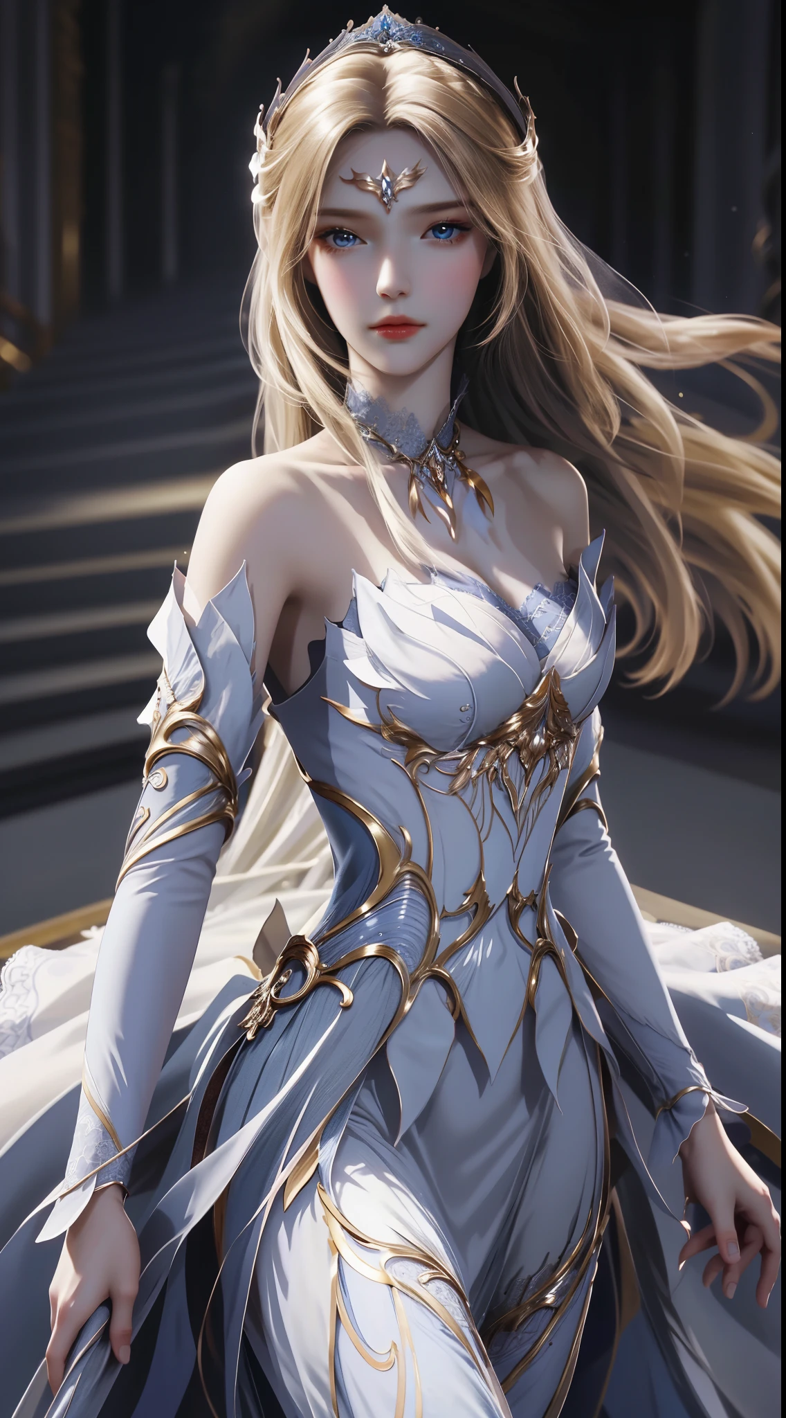 tmasterpiece，Best Picture Quality，HD 8K wallpaper，Nice photos，elegant single woman，round skirt，shinning eyes，Every detail is perfect，A masterpiece of exquisite beauty，pure beauty and lightness，Moderate aesthetics，Gentle and elegant，The attention to detail，Blue and white lace round princess dress，undying