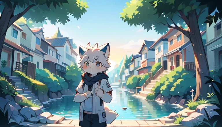 author：Jerrysk, author：Kirito, boy，furry wolf，((shota)), Blue and white hair, The figure is good, Handsome，cute big breasts, optic：hazy light and shadow, Reflective skin,Redness of the skin，((worn-out clothing，Commoner)) ，((Seafront，standing on the rock，islands，独奏，the only person))，Outdoor sunset，((the detail))，（depth of fields），The stands up