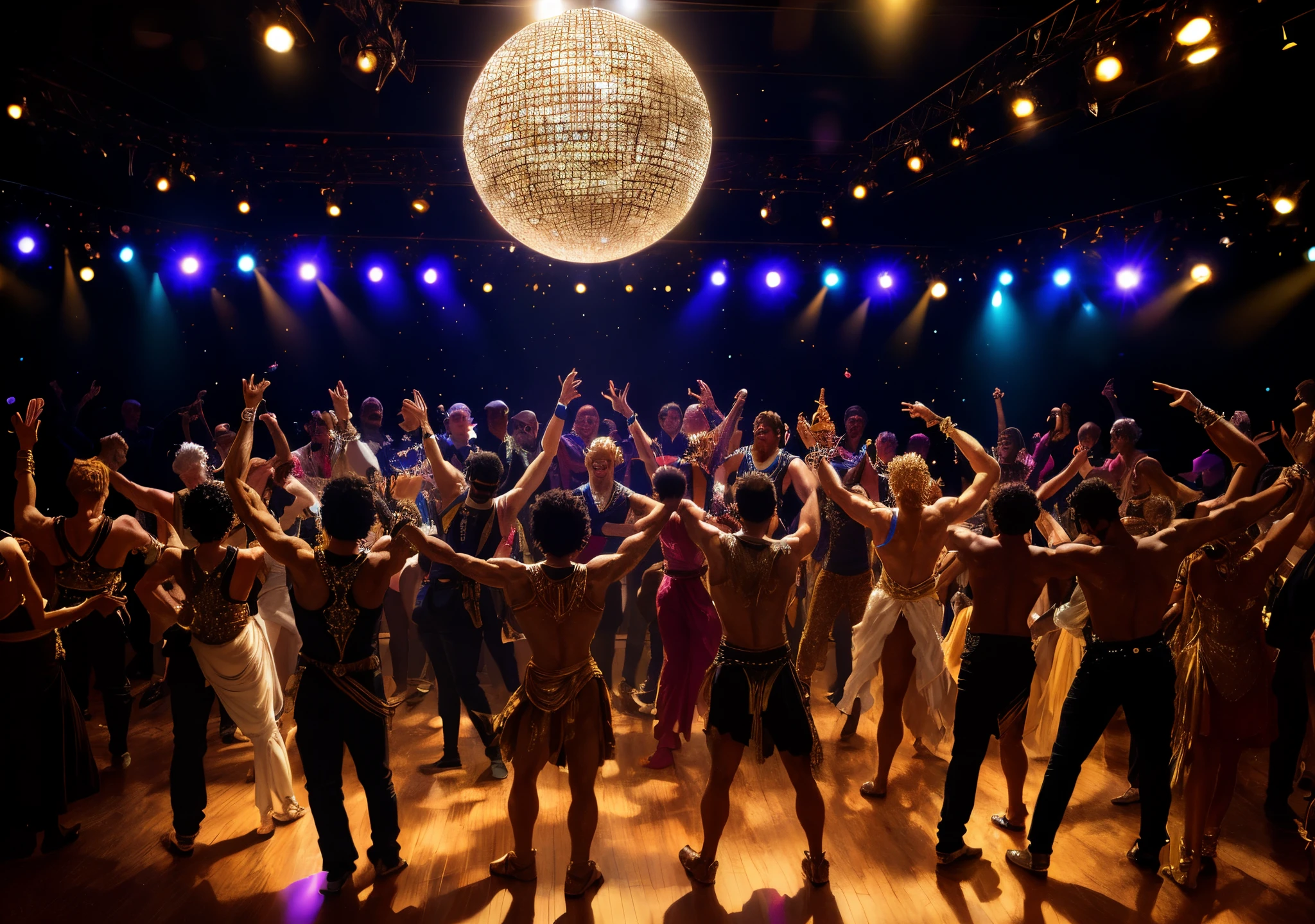 Dancer in disco dance pose with arms raised, Graham Forsyth, David Burton Richardson, still film, full scene shot, by Juan O'Gorman, by Scott M. Fischer, !!Beautiful!!, by Richard Hess, Beautiful, Bokeh, Wide Shot!!!!!!, by Emanuel Witz, by Robert Medley, Jason Benjamin