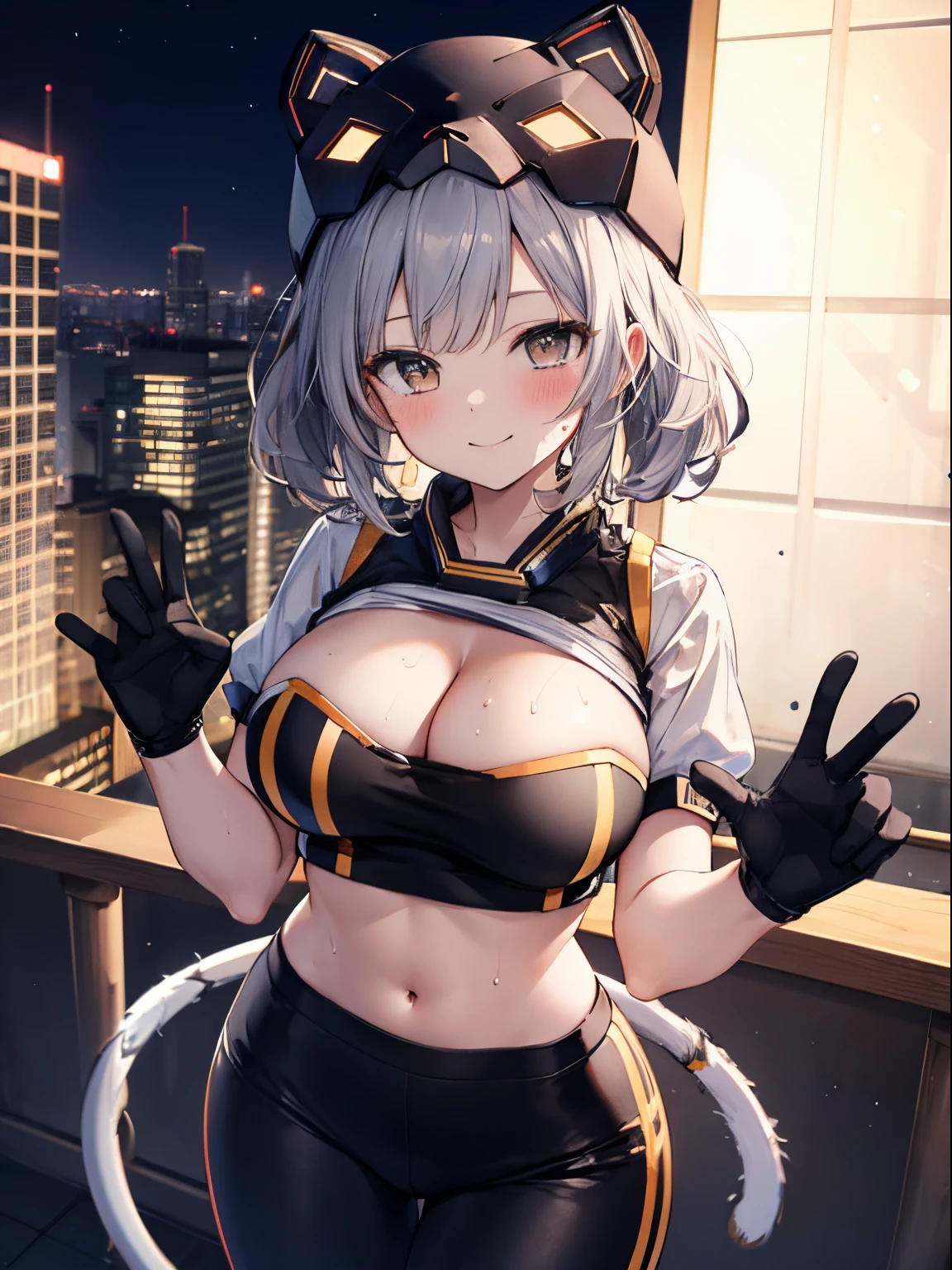 1girl in, (Chiquita:1.2), IP1, 1girl in, (Cat mask, croptop, Tight pants, Twin-tailed, Short sleeves, gloves),
(Close Shot, Best Quality, hight resolution, 4K, Detailed Lighting, Shaders, NSFW),
Smiling, blush, sweat,
Dynamic Pose,
Skyscraper, Night,
Looking at Viewer,
cleavage, large boob,
from above, focus boobs,