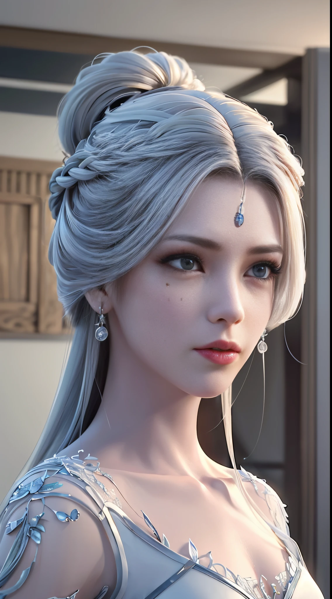 Best Quality, Masterpiece: 1.4), Ultra High Resolution, Realistic, Front Lighting, Intricate Details, Delicate Details and Textures, 1girl, Solo, (Young), Facial Highlight, Upper Body, Detail Face, Tear Mole, White Skin, Silver Hair, Ponytail, Braid, Looking at the Audience, Big Eyes, (Openwork Pattern, Black, Silk), Earrings, , Slim Figure, Deluxe Room, Professional Lighting, Photon Mapping, Teleportion, Physically Based Rendering,