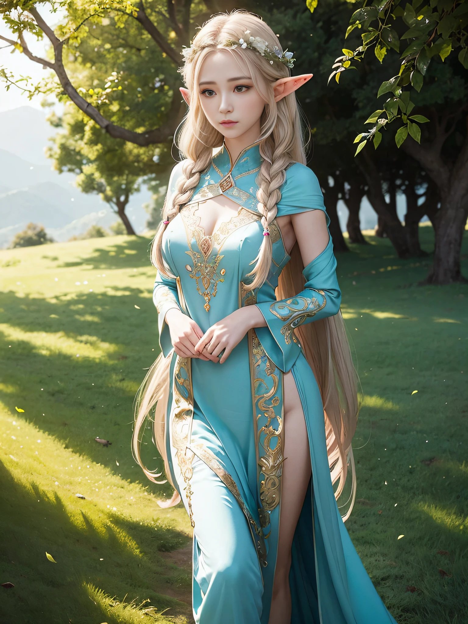 Graceful elven girl standing in meadow, Delicate face illuminated by the soft light of the setting sun. Her long, Flowing hair runs down your back, Decorated with intricate braids、Adorned with sparkling gemstones. This great photo is、、、It captures the ethereal beauty of elves. Slender figure in silk dress、Swaying in the soft steppe breeze. Attention to detail、Face that is、Face that is、Face that is、Face that is、It is evident in the intricate patterns of the dress and the subtle highlights of the luminescence. skin. The breathtaking portrayal of the elven girl is、、、、、Create an enchanting atmosphere、It invites the viewer to a magical world.