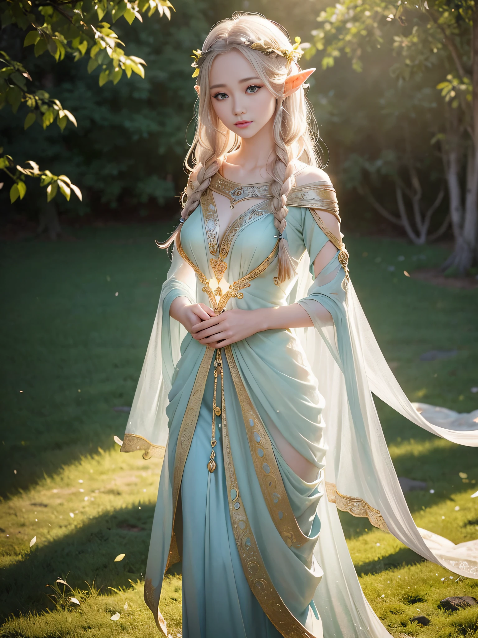 Graceful elven girl standing in meadow, Delicate face illuminated by the soft light of the setting sun. Her long, Flowing hair runs down your back, Decorated with intricate braids、Adorned with sparkling gemstones. This great photo is、、、It captures the ethereal beauty of elves. Slender figure in silk dress、Swaying in the soft steppe breeze. Attention to detail、Face that is、Face that is、Face that is、Face that is、It is evident in the intricate patterns of the dress and the subtle highlights of the luminescence. skin. The breathtaking portrayal of the elven girl is、、、、、Create an enchanting atmosphere、It invites the viewer to a magical world.