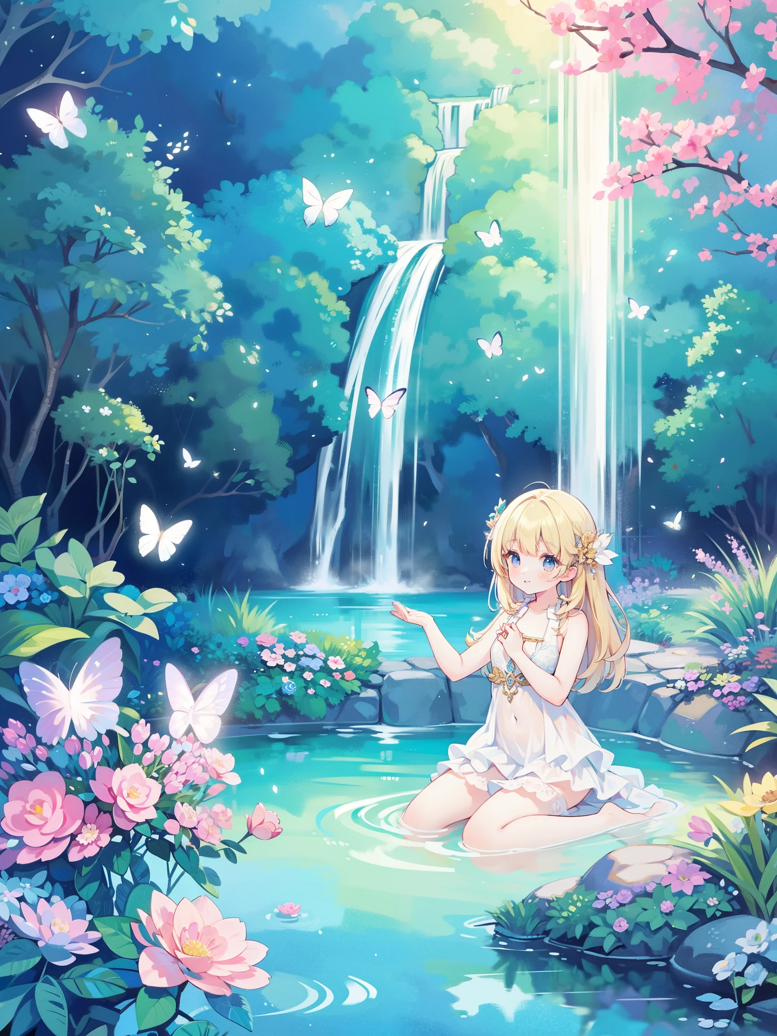 magical lagoon, beautiful girl sitting on a rock by a pool of water, magical, masterpiece, best quality, sharp focus, intricately detailed, 8k resolution, golden ratio, perfect, beautiful, layered fairy dress, beautiful girl, beautiful face