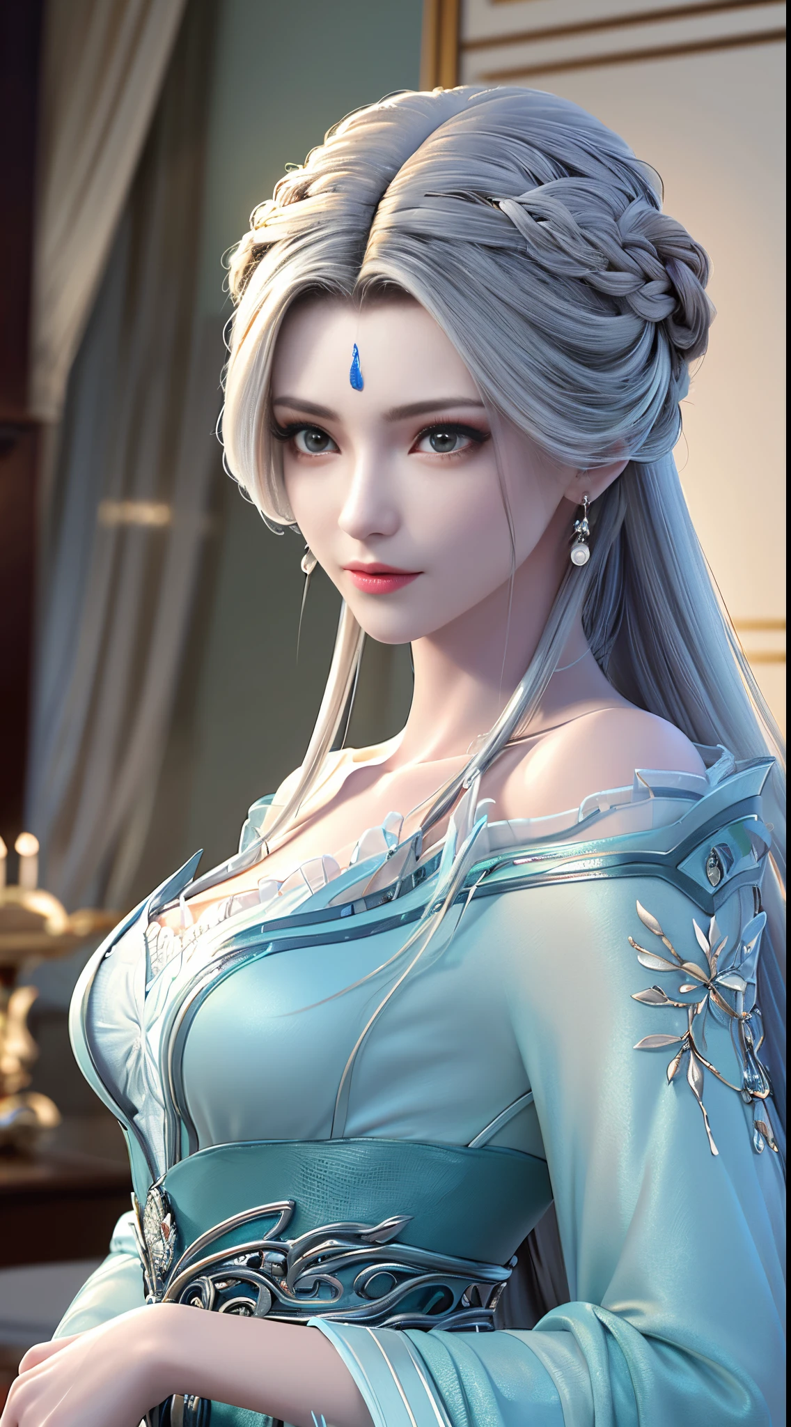 (best quality, masterpiece:1.2), ultra high res, realistic, front lighting, intricate detail, Exquisite details and textures, 1girl, solo ,(young), face highlight, upper body, detailed face, tear mole, white skin, silver hair, ponytail, braid hair, looking at viewer, big eyes, silk robe, (hollow pattern, white, silk), earrings, small breasts, slim body, luxury room, professional lighting, photon mapping, radiosity, physically-based rendering,