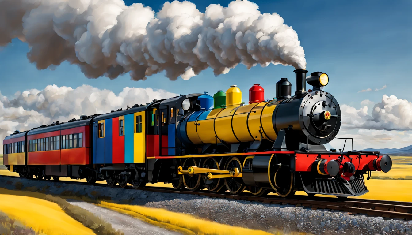 detailed art of steam Train inspired by Piet Mondrian and Wassily Kandinsky