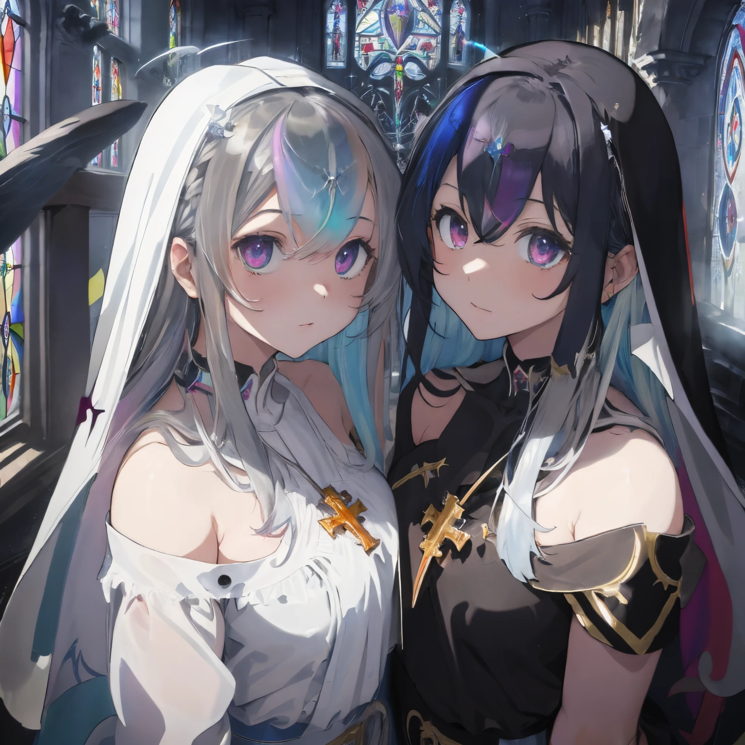 western church chapel,Lots of colorful stained glass,Light shines through stained glass, Creates a fantastic atmosphere inside the chapel.,Two young girls,fluffy hair,Gorgeous black and white two-tone hair,Gorgeous silver and blue two-tone hair,Iridescent light,Monk'Uniform that shows shoulders,abbey,priest's clothes,Colorful tattoo of large cross and Virgin Mary statue on visible shoulder and chest,Slightly red tide,Angel Ladder,Hypnotized,Blurred eyes,Surrounded by multiple men,