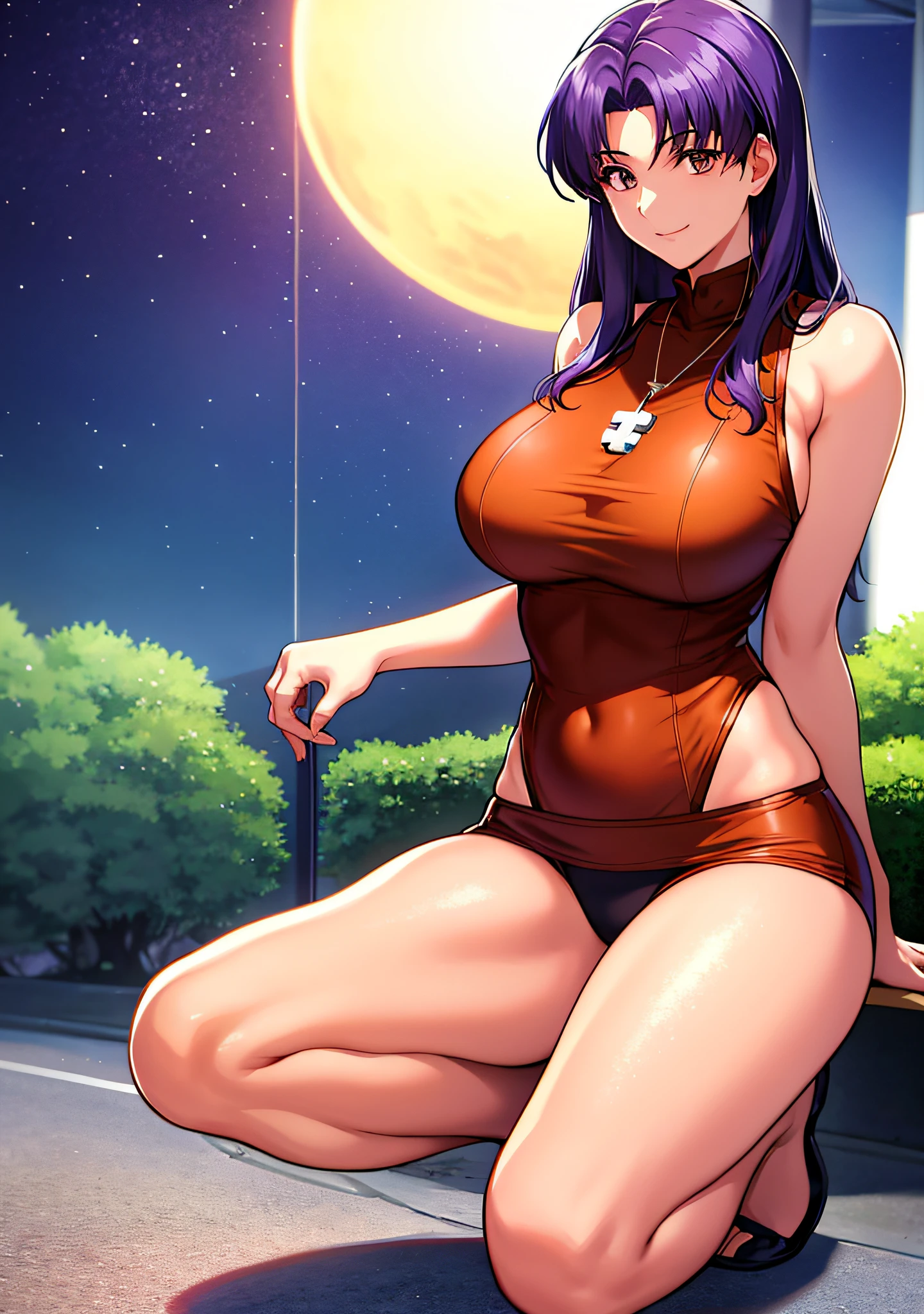Katsuragi Misato, Brown eyes, Cross Necklace、1 female、nighttime scene、Sexy pose with one knee standing、(Raw photography:1.2)、(Photorealsitic:1.4)、A smile、Textured skin、extremely detailed eye and face、beatiful detailed eyes、二重まぶた、huge filesize、(Increase the beauty of skin texture:1.1)、hight resolution、highlydetailed skin、top-quality、8k wallpaper、电影灯光、large boob,Seductive underwear、Open legs、The chest is visible、 Spread your legs、Spread your crotch、Persistent stare, Sharp eyes, sexy langeries