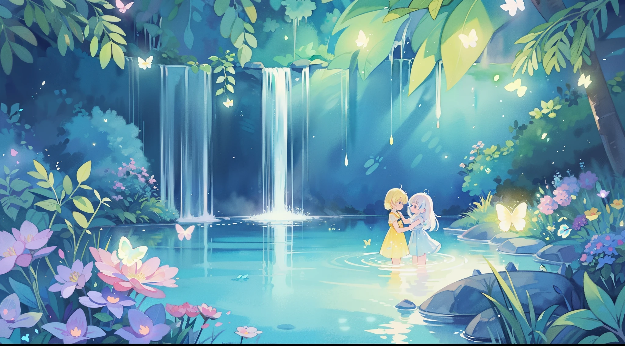 picture book illustration, watercolor storybook illustration, vibrant pastel colors, dreamy, colorful, whimsical, magical, masterpiece, best quality, sharp focus, intricately detailed environment, fine detail, 8k resolution, waterfall lagoon, (magical lagoon), (waterfall, lake), (glowing lights, fireflies, glowing butterflies
