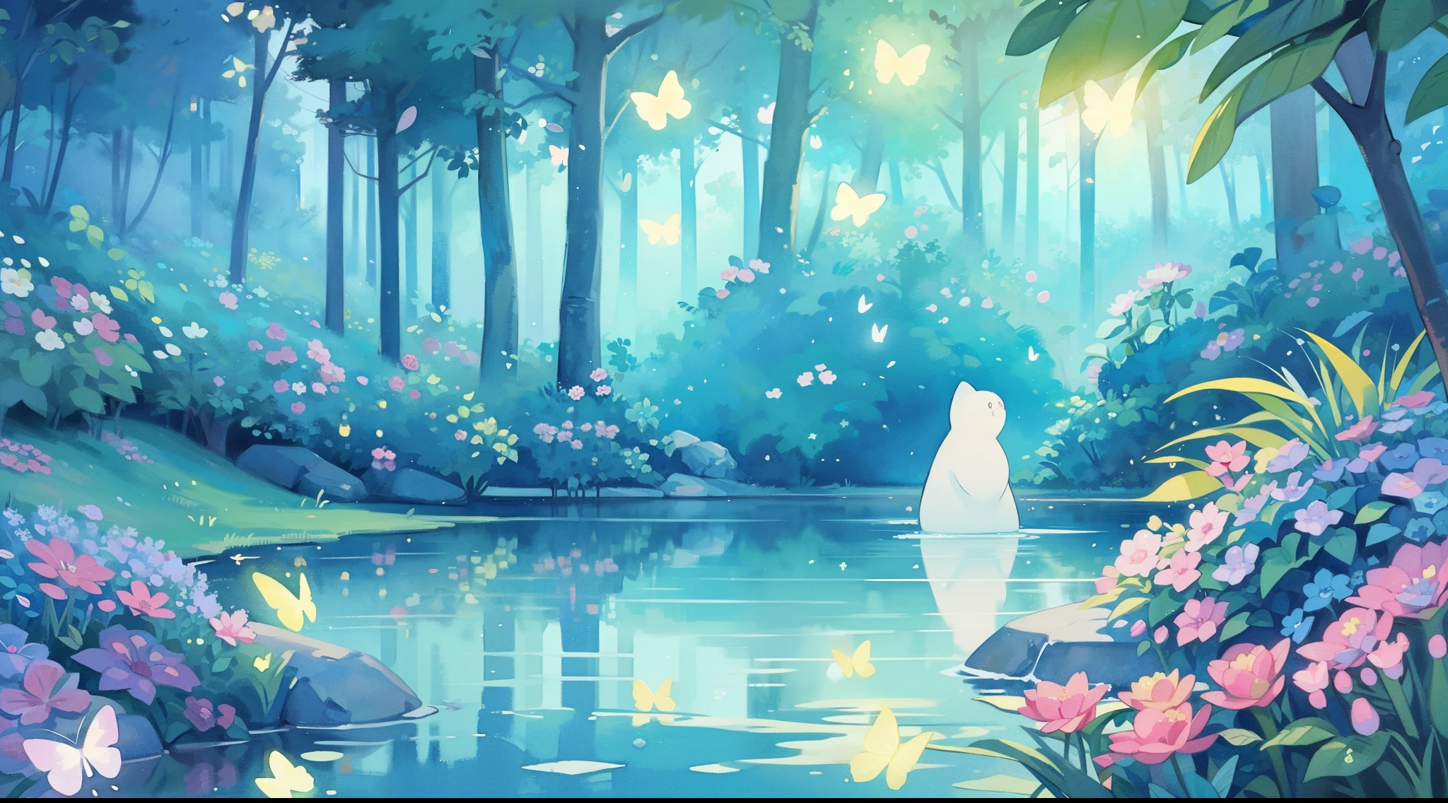 picture book illustration, watercolor storybook illustration, vibrant pastel colors, dreamy, colorful, whimsical, magical, masterpiece, best quality, sharp focus, intricately detailed environment, fine detail, 8k resolution, waterfall lagoon, (magical lagoon), (waterfall, lake), (glowing lights, fireflies, glowing butterflies