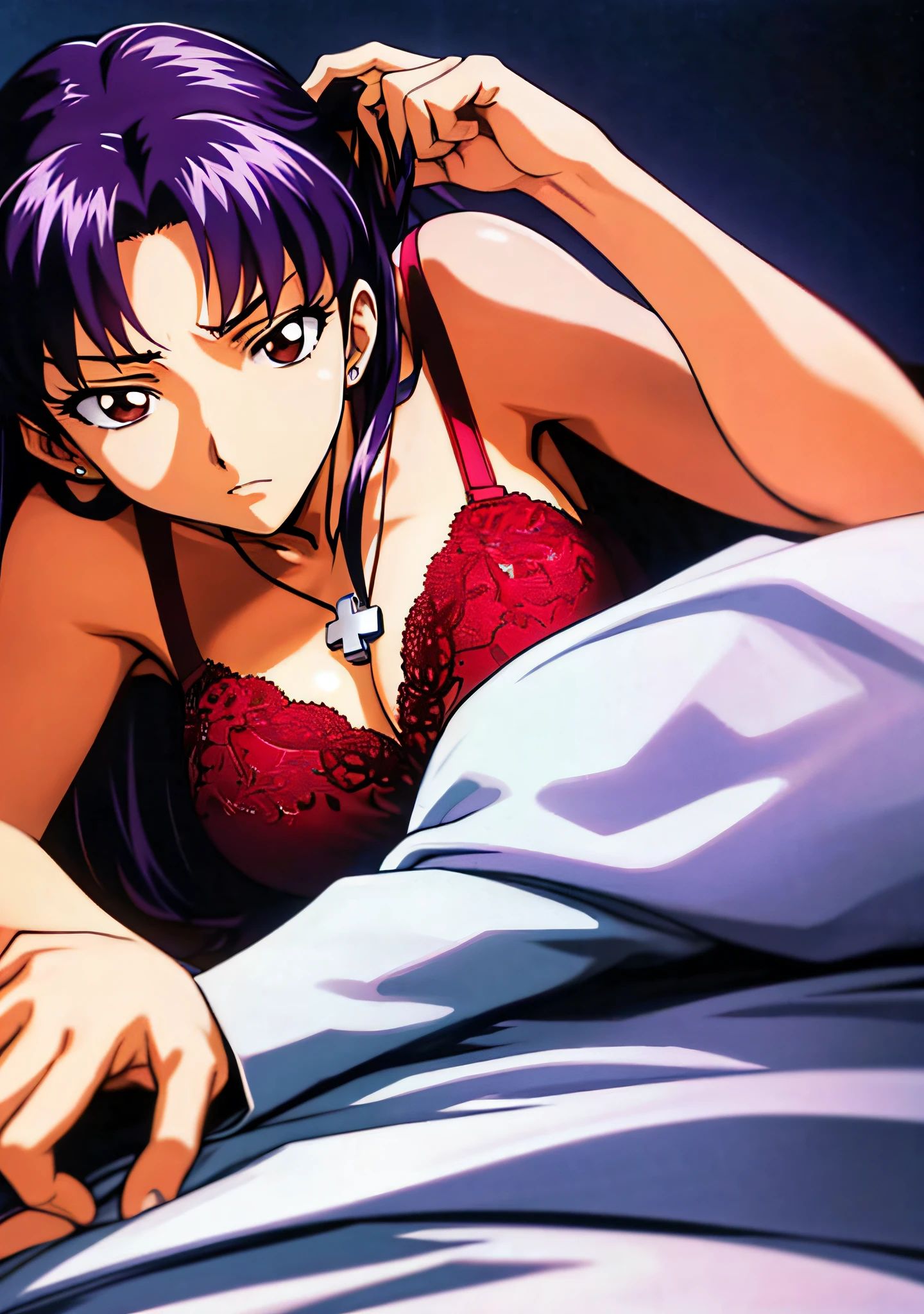 (masutepiece),(Best Quality), Katsuragi Misato, robe blanche, Brown eyes, Colossal breasts on the verge of bursting、Cross Necklace,  Lingerie with a small area、Persistent stare, Sharp eyes、Lying in bed、Seductive