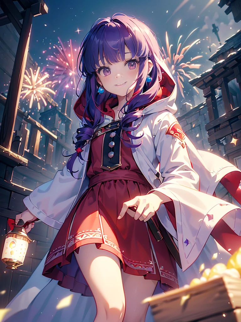 ((((Princess of Moonberg)))), ((1little girl)), 13years, ((drooing eyes)),(((deep purple hair))), ((short bangs)), (Fluffy long hair), (lemonade), (Deep red eyes), Pearl earrings,
((((red hood)))), (Lotto emblem on the hood), (((Red Stall))), ((White robe with red edging)),
Holding a magic wand in her left hand,
masutepiece, Best Quality, (the Extremely Detailed CG Unity 8K Wallpapers), (Best Quality), (Best Illustrations), (Best Shadows), (((Particle effect))), Isometric 3D, Octane Rendering, Ray tracing, super detailed,smile, ((fireworks))