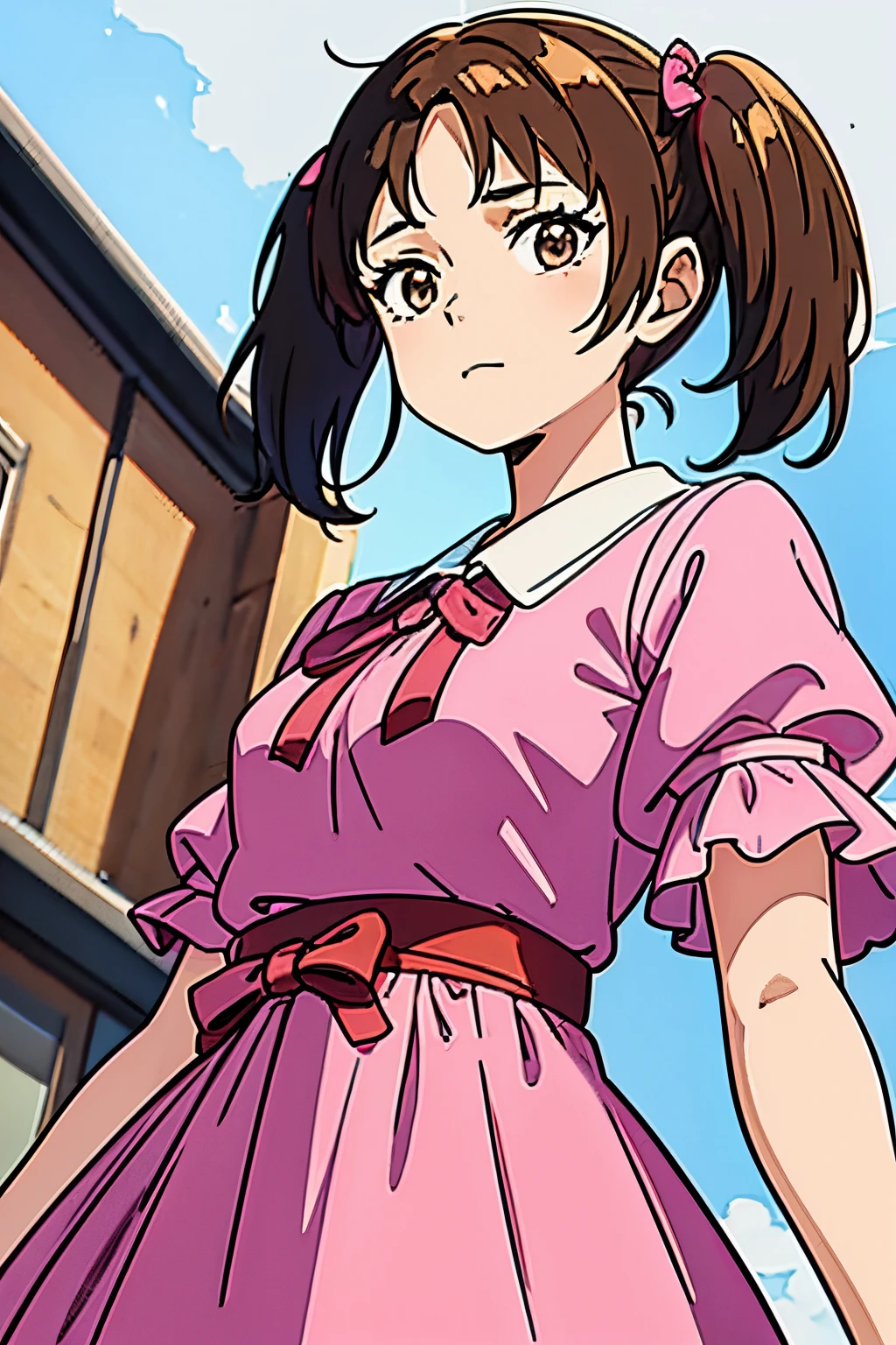 1girl, AKEMI, brown hair, brown eyes, middle twintail, pink dress, puffy_sleeves, short sleeves, upper body,