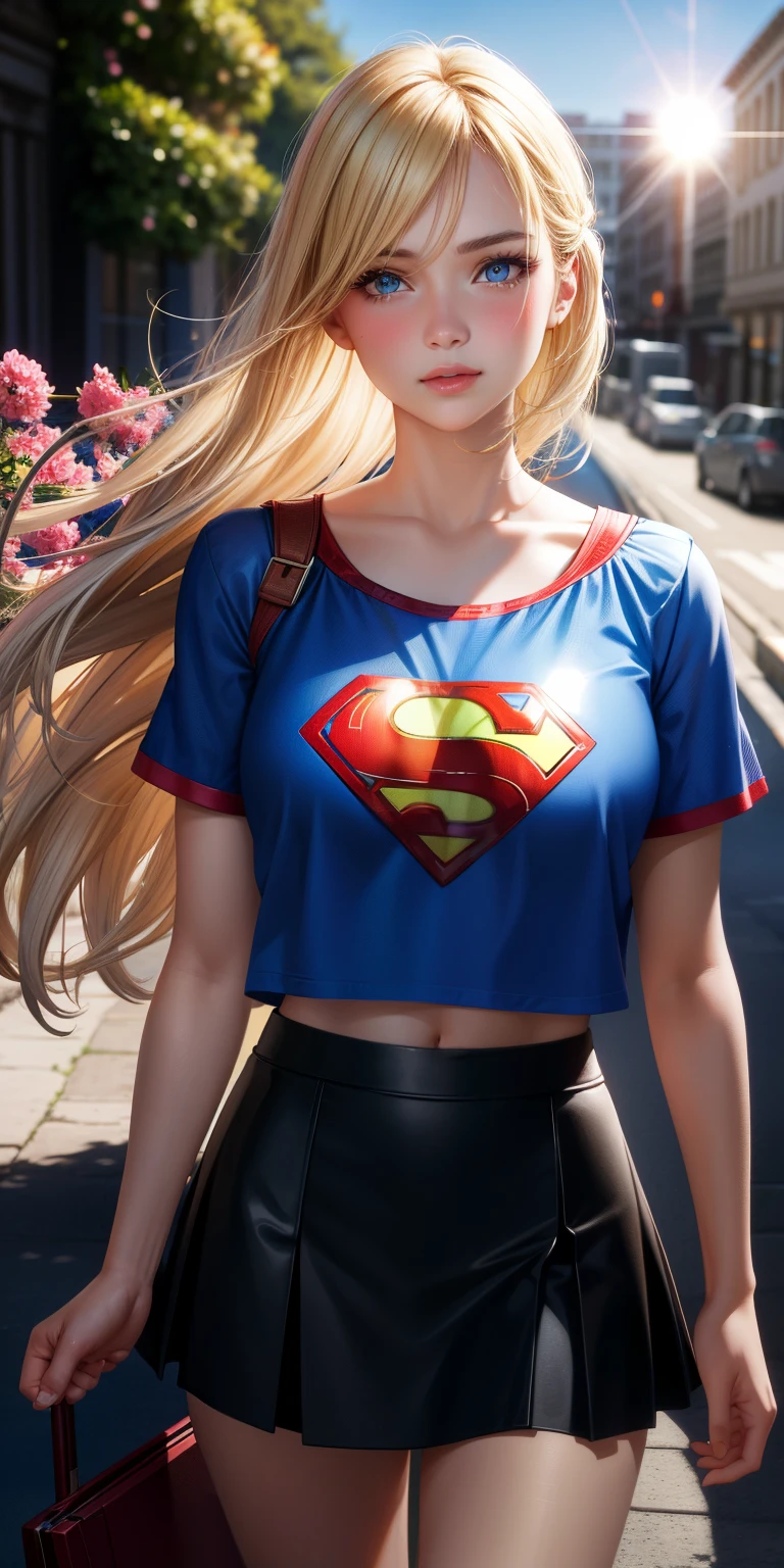 realistic, 1girl, blonde hair, blue eyes, bright blue eyes, cropped top, skirt, lips parted, blush, night, flowers, sun, sunlight, with Superman letter S on his chest.
