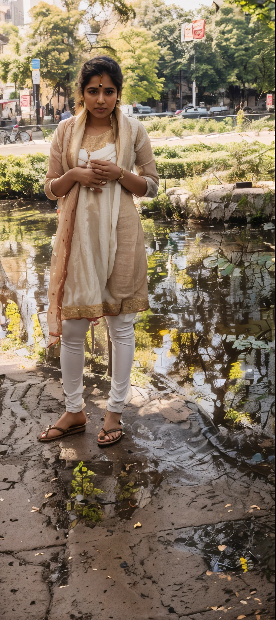 (((desi girl))), chubby face, natural skin, wearing hot deep neck top and dupatta, charming black hair, ((hair ends are blonde)), city streets background, bokeh