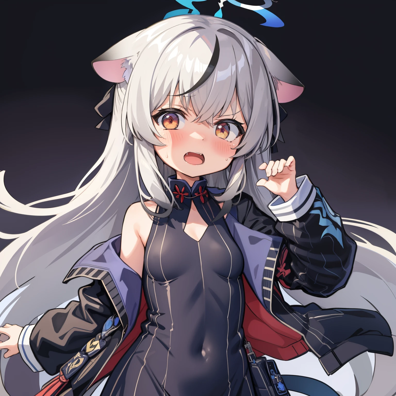 masterpiece, best quality, ultra-detailed, illustration,1girl, black dress, black jacket, blush, breasts, clothing cutout, dress, flying sweatdrops, halo, jacket, kokona, long sleeves, looking at viewer, open mouth, simple background, solo, upper body, white background