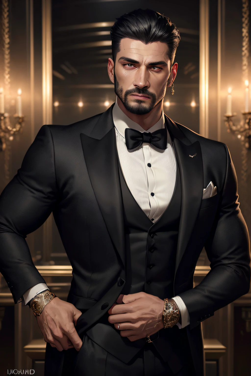 realistic (muscular man:1.1) mob boss, wearing intricate black elegant suite, portrait, short hair, jewelry, in a nightclub, spot lighting the scene, detailed background, intricate details, (illustration), masterpiece, high resolution, best quality.