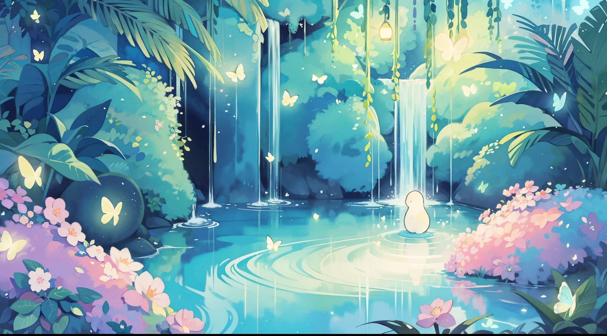 picture book illustration, watercolor storybook illustration, vibrant pastel colors, dreamy, colorful, whimsical, magical, masterpiece, best quality, sharp focus, intricately detailed environment, fine detail, 8k resolution, waterfall lagoon, (magical lagoon), (waterfall, lake), (glowing lights, fireflies, glowing butterflies