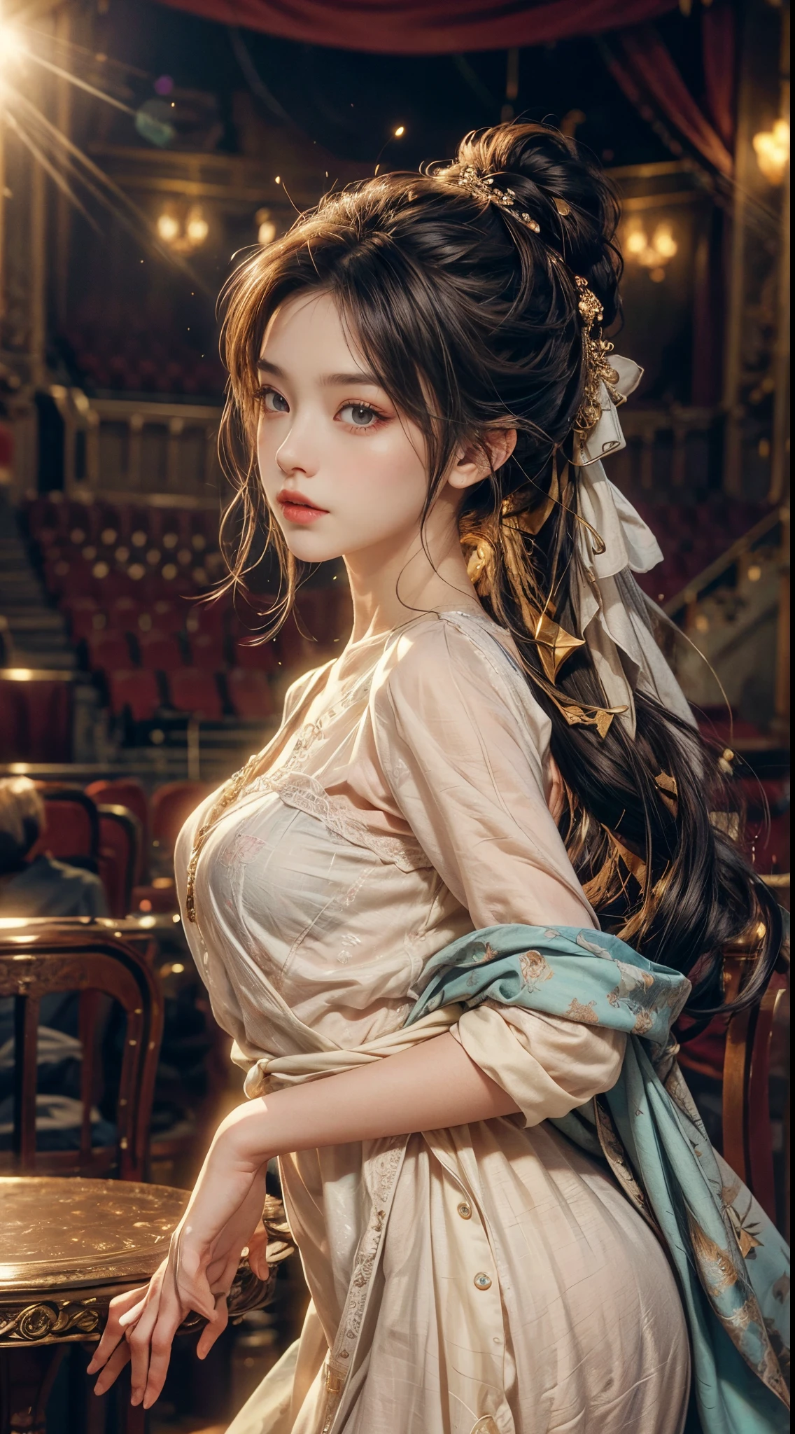 A girl with messy long hair is standing in front of a world-famous theater. The theater is an ultra-detailed CG unity 8k wall, with astonishing architectural details and vibrant colors. The girl's hair is flowing and tangled, adding a touch of natural beauty to the scene. The lighting in the theater is cinematic, with a warm and soft glow illuminating the girl's face. There is a subtle lens flare that adds a dramatic effect to the image. The girl has an adorable and delicate appearance, with beautiful detailed eyes and lips. The overall quality of the image is of the highest standard, with ultra-detailed textures and intricate details. It is a masterpiece that showcases the perfect blend of art and technology.