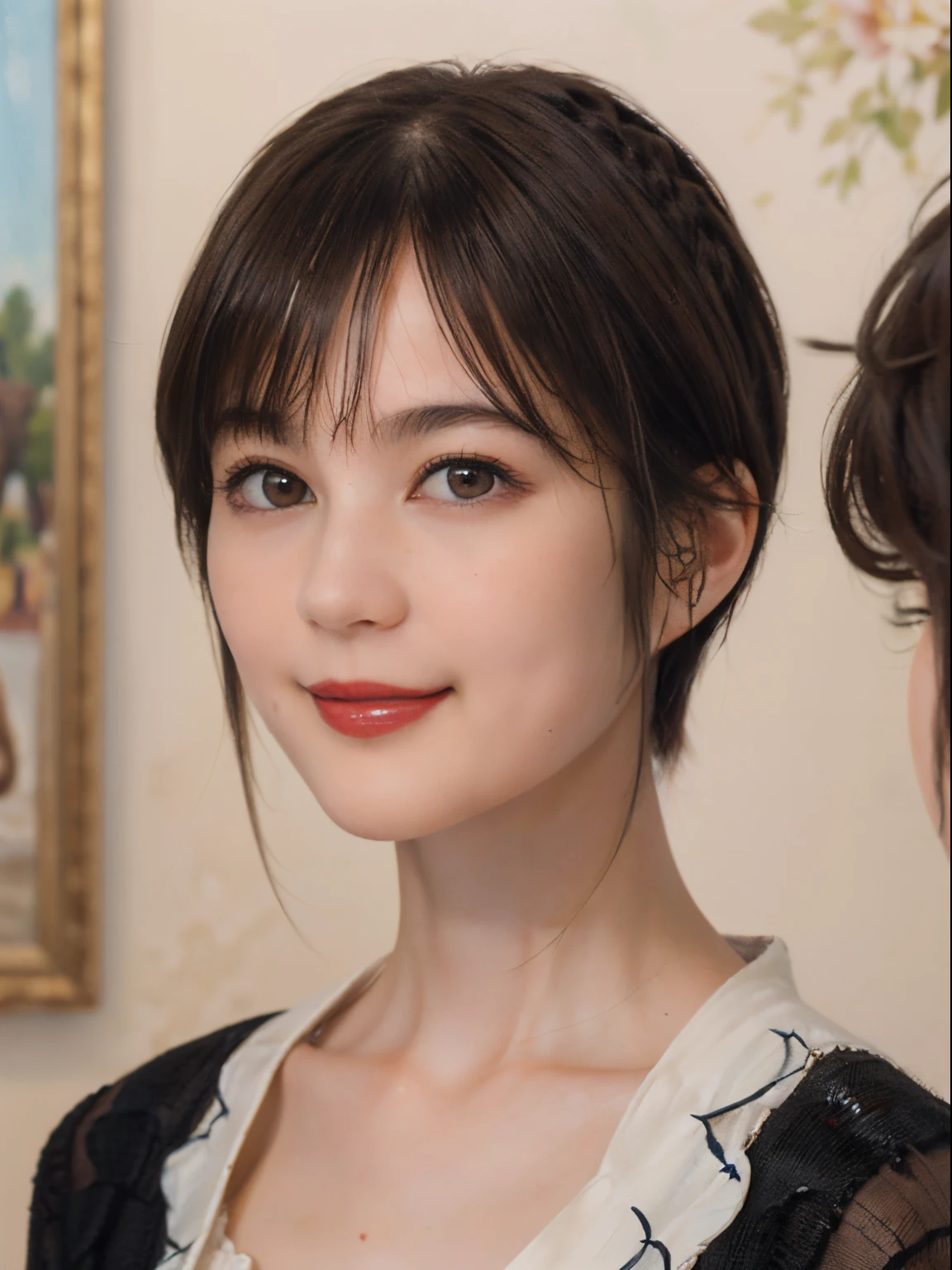 106
(a 20 yo woman,is standing), (A hyper-realistic), (high-level image quality), ((beautiful hairstyle 46)), ((short-hair)), (Gentle smile), (Keep your mouth shut), (painting is trompe l&#39;oeil), ((trickart:1.46)), (lipsticks), brest