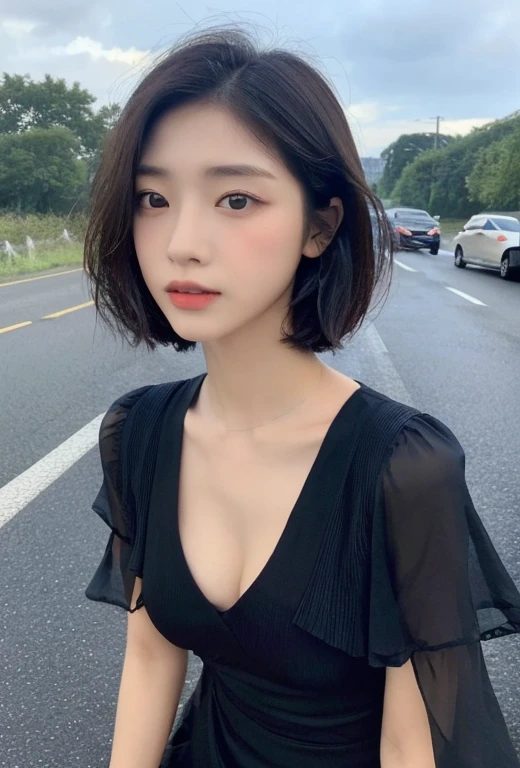Dressed in black to take photos., beautiful asian girl, korean girl, Slim face of a cute young woman, youthful, Short Hair Hair, sakimi chan, ((bestquality, 10, masterpiece: 1.3)), Focus: 1.2, perfect body beauty: 1.4, Buttocks: 1.2, ((Layered Haircut, Beautiful breasts: 1.2)), (wet clothes: 1.1) , (It's raining, road:1.3), Bandeau Dress: 1.1, Highly detailed face and skin texture, delicate eyes, 二重まぶた, whitened skin, long-haired, (Shut Up: 1.3), After the rain, (Rainbow Sky: 1.1), (Black dress: 1.2), picturesque road