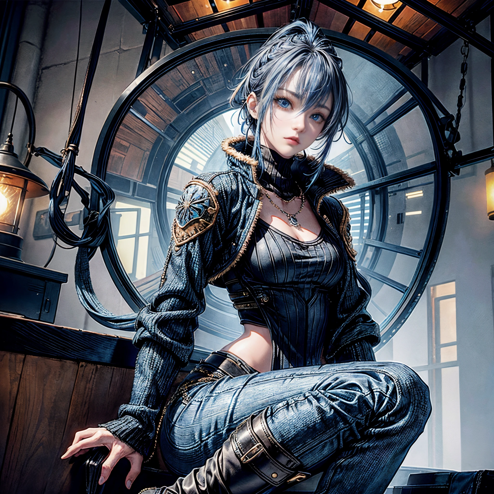 Cinematic lighting、16k picture quality、highlydetailed skin、masutepiece,1girl in, Solo、Best Quality,cyberpunked,(1beautiful woman、Detailed beautiful facial features、Medium Hair、Blue hair、blue eyess:1.3)a necklace(black boa jacket、winter knit clothes、denim pant、long boots:1.1).(Daytime、Frigid winter、bad weather、Inside the station:1.5)