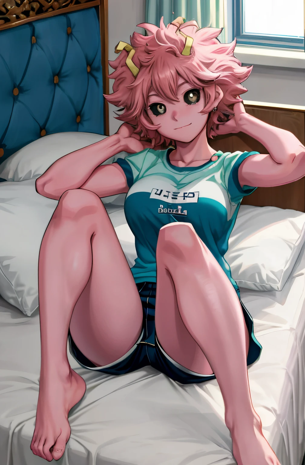 [mina ashido], [Boku no hero academia], ((masterpiece)), ((full body)), ((solo portrait)), ((cute)), ((feet visible)), ((High definition)), ((anime)), ((Kohei Horikoshi)), ((detailed shading)), ((intricate details)), [mina ashido; (pink skin), big round black eyes, yellow pupils, curly pink hair, short eyelashes, large boobs, beautiful legs), {yellow shirt, blue lounge shorts, (defined leg muscles)}, (excited expression)], {(on bed), (laying on back), (head on pillow), (legs spread open), (looking at viewer), (arms above head)}, [Background; (bedroom); (window), sunny]