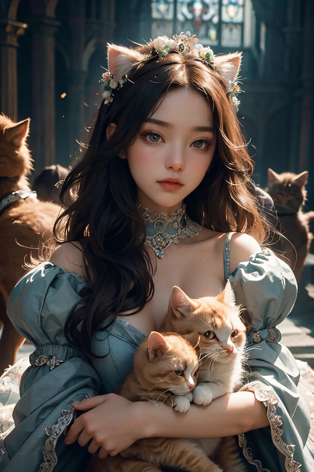 {{masterpiece}},{{highest quality}},enlightenment,1 perfect portrait of a girl, A fascinating eye, (soft hair),(cat ears),Long and slim body type, fantasy background, {exposed bare shoulders},{long-term alienation_sleeve}, {lean forward a little}, If you look up,hair ornaments,{shy},please shut your mouth, head tilt, ,movie lighting, (Shiny dress:1.5), ((seductive pose)), (Holding a cats:1.6)