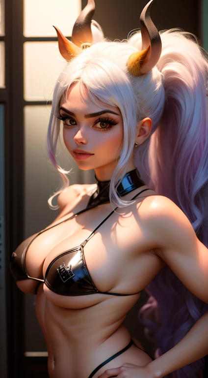 8k, Altas, ultra detalhado, ((demon girl)), (master part:1.4), best quality, simetric body, um lindo estudante de 18 anos, Latex strapless cutting top, latex dental floss, tiro de corpo inteiro, fofo, sozinho, cabelos branco longos, penteado lateral do rabo de cavalo, olhos azuis, efeito de brilho, olho fino, Rosto detalhado, Olhando para o Viewer, sorrindo para o espectador, sedutor, Seios enormes, sol, luz de aro, boate, (pose sexy:1.4)