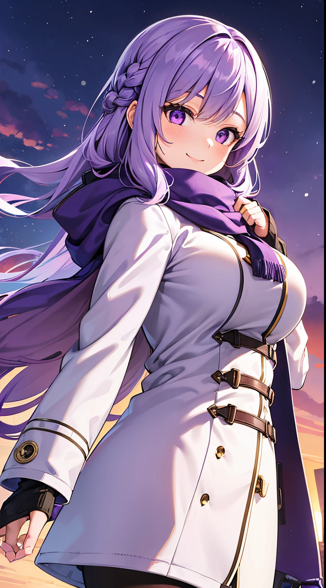 1 girl, game, purple winter coat, winter scarf, gigantic breasts, light purple hair, long hair, french braid, purple eyes, smile, dynamic,