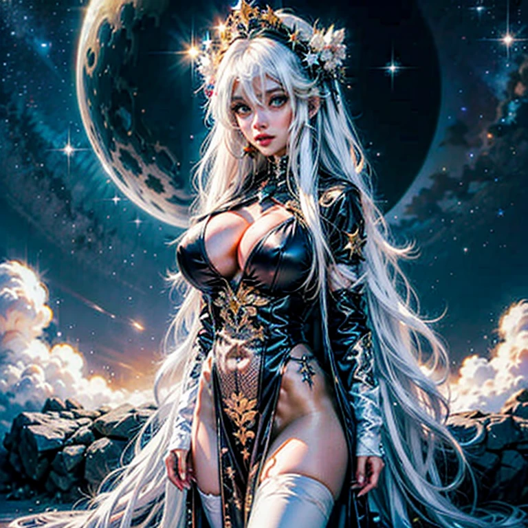 Anime girl with long white hair and stars in her hair, white haired god, anime girl with cosmic hair, Star(skyporn) starrysky_skyporn, Anime visuals of cute girls, splash art anime loli, white glowing aura, Girl with white hair, ethereal anime, akasuki voidstar, celestial aura, nightcore, anime moe art style