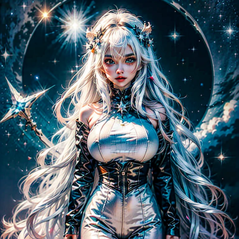 Anime girl with long white hair and stars in her hair, white haired god, anime girl with cosmic hair, Star(skyporn) starrysky_skyporn, Anime visuals of cute girls, splash art anime loli, white glowing aura, Girl with white hair, ethereal anime, akasuki voidstar, celestial aura, nightcore, anime moe art style
