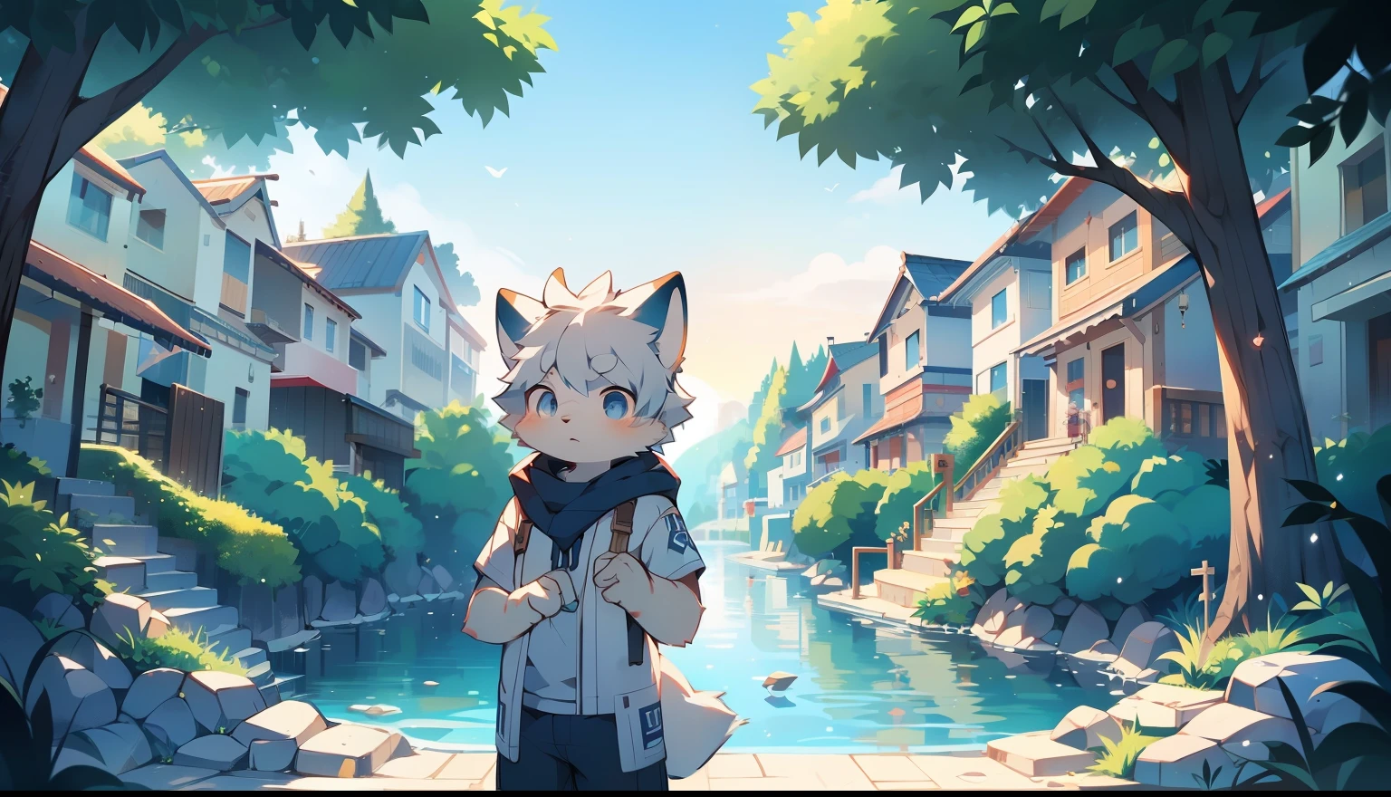 Sitting by the stream and playing in the water,Cute male wolf cub,boy,Pale gray fur,Blue fur,White hair,blue ears,Bright morning sunshine,Pure white T-shirt,Light blue long shorts,,Bright and intelligent eyes,White ear,hairy,Blue Eyes,Tail is too big,More fur on the body, Slightly thin,Wolf nose protrudes(masterpiece)(high quality)(Clear structure)(Clear lines)(Extremely detailed background)(extremely detailed character)