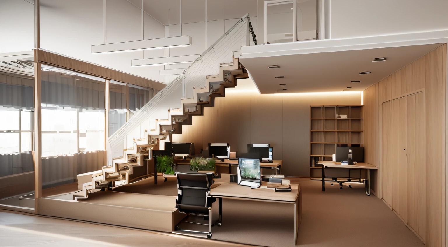 a modern work space, office room, minimalist style, elegent material, warm light, 3d render, realistic photo