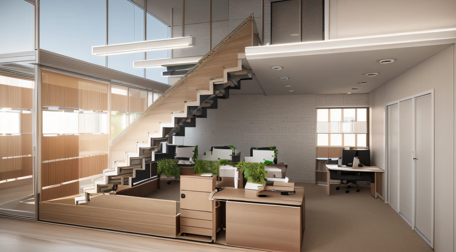 a modern work space, office room, minimalist style, elegent material, warm light, 3d render, realistic photo